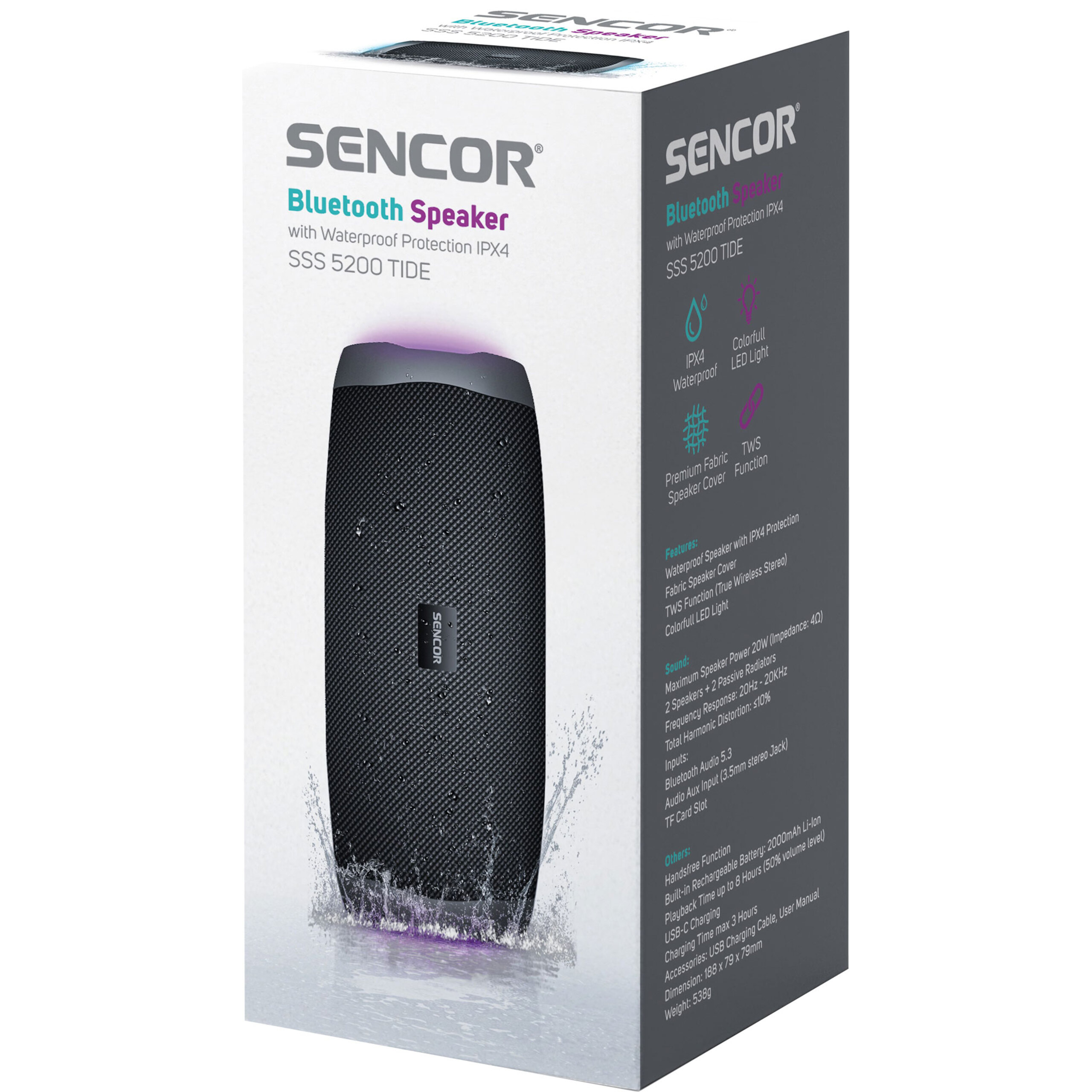 Głośnik Bluetooth Sencor SSS 5200 TIDE w opakowaniu z rozpryskami wody i cechami.