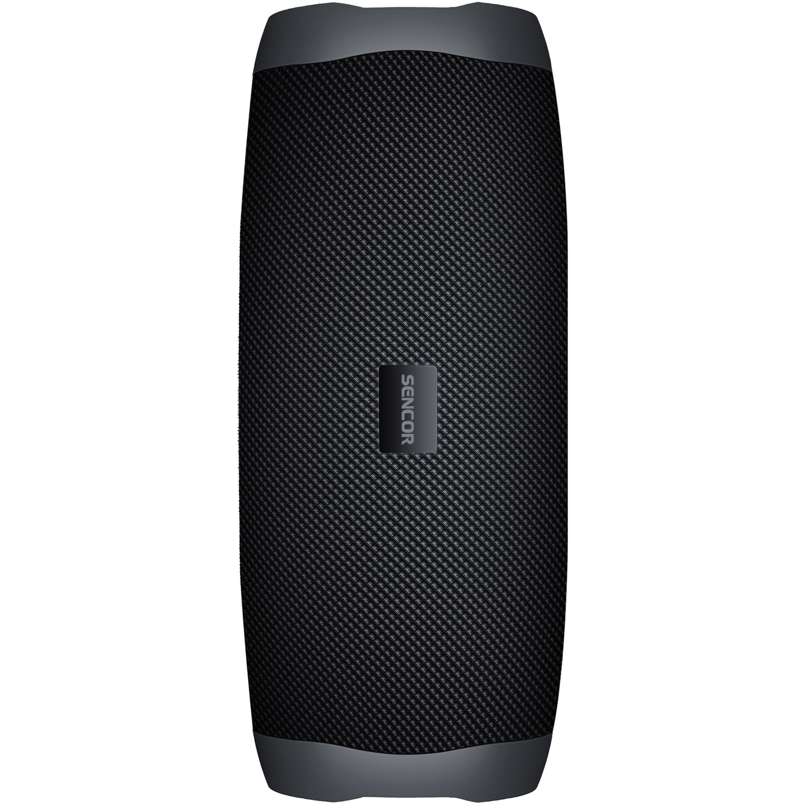 Cylindryczny czarny głośnik bluetooth Sencor z wbudowanym logo na białym tle.