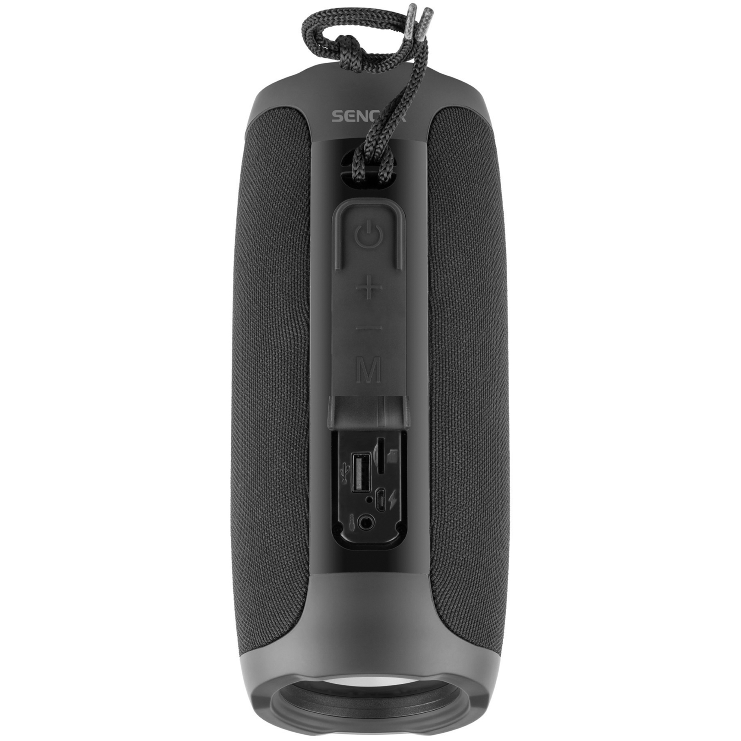 Cylindryczny czarny głośnik bluetooth z przyciskami, portami i paskiem donoszenia na białym tle.