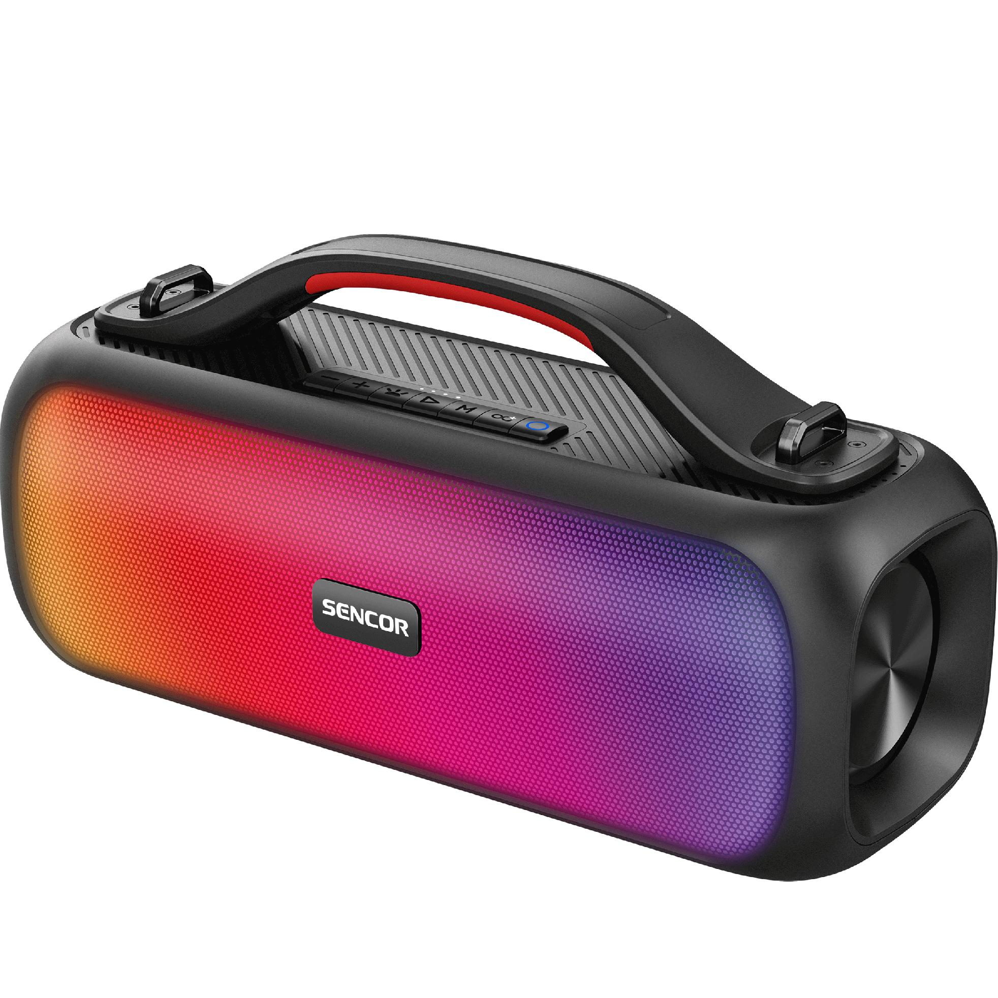 Czarny głośnik Bluetooth Sencor z uchwytem i żywym oświetleniem RGB na przedniej osłonie.