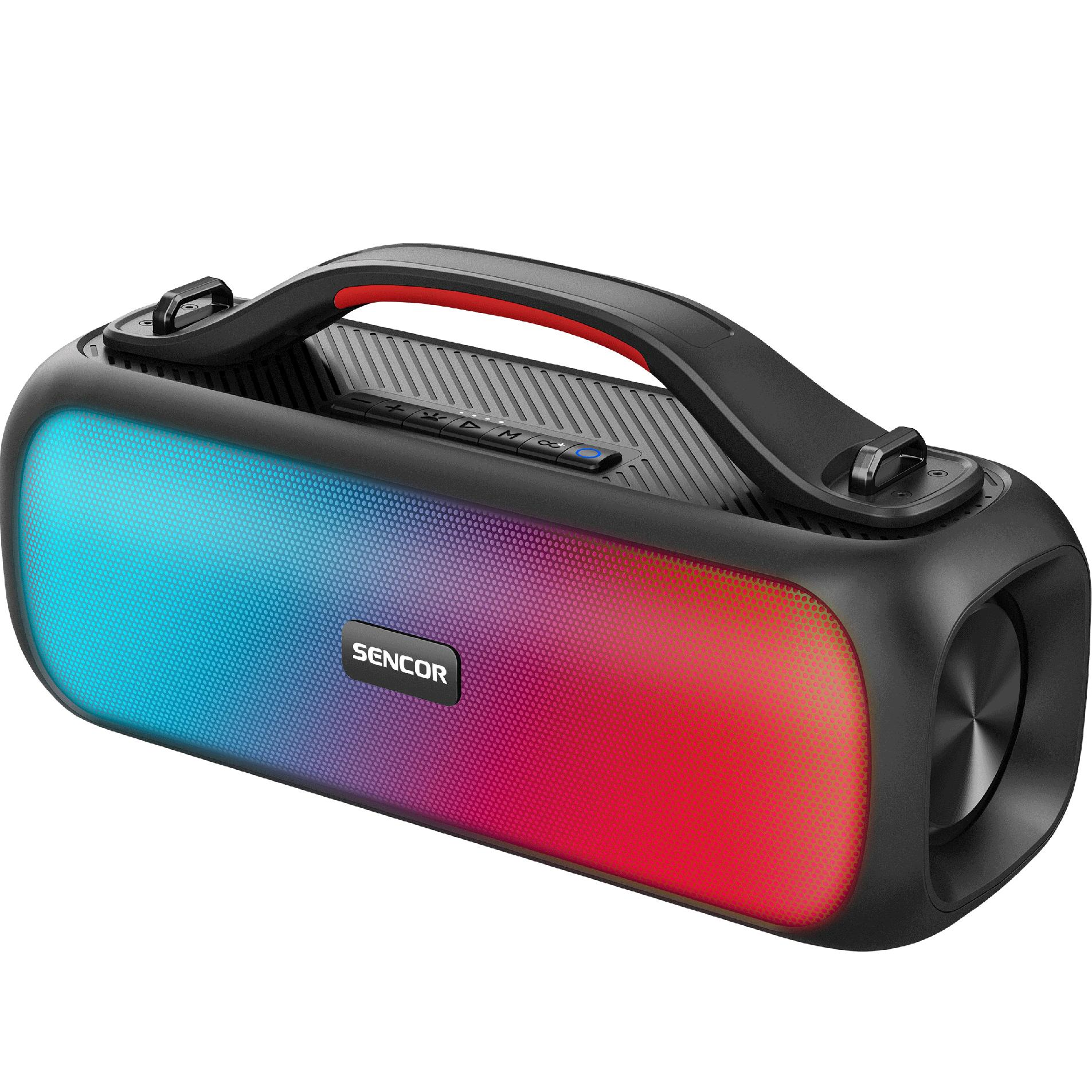Czarny głośnik Bluetooth Sencor z uchwytem oraz niebieskim i czerwonym podświetleniem LED.