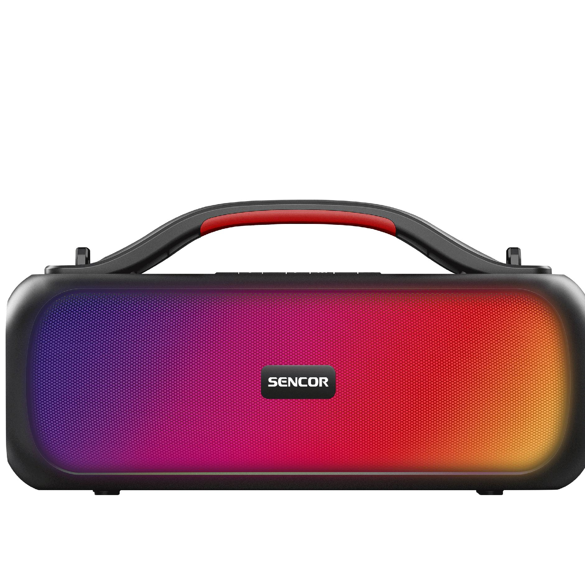 Czarny głośnik Bluetooth Sencor z rączką i świecącym oświetleniem RGB z przodu.