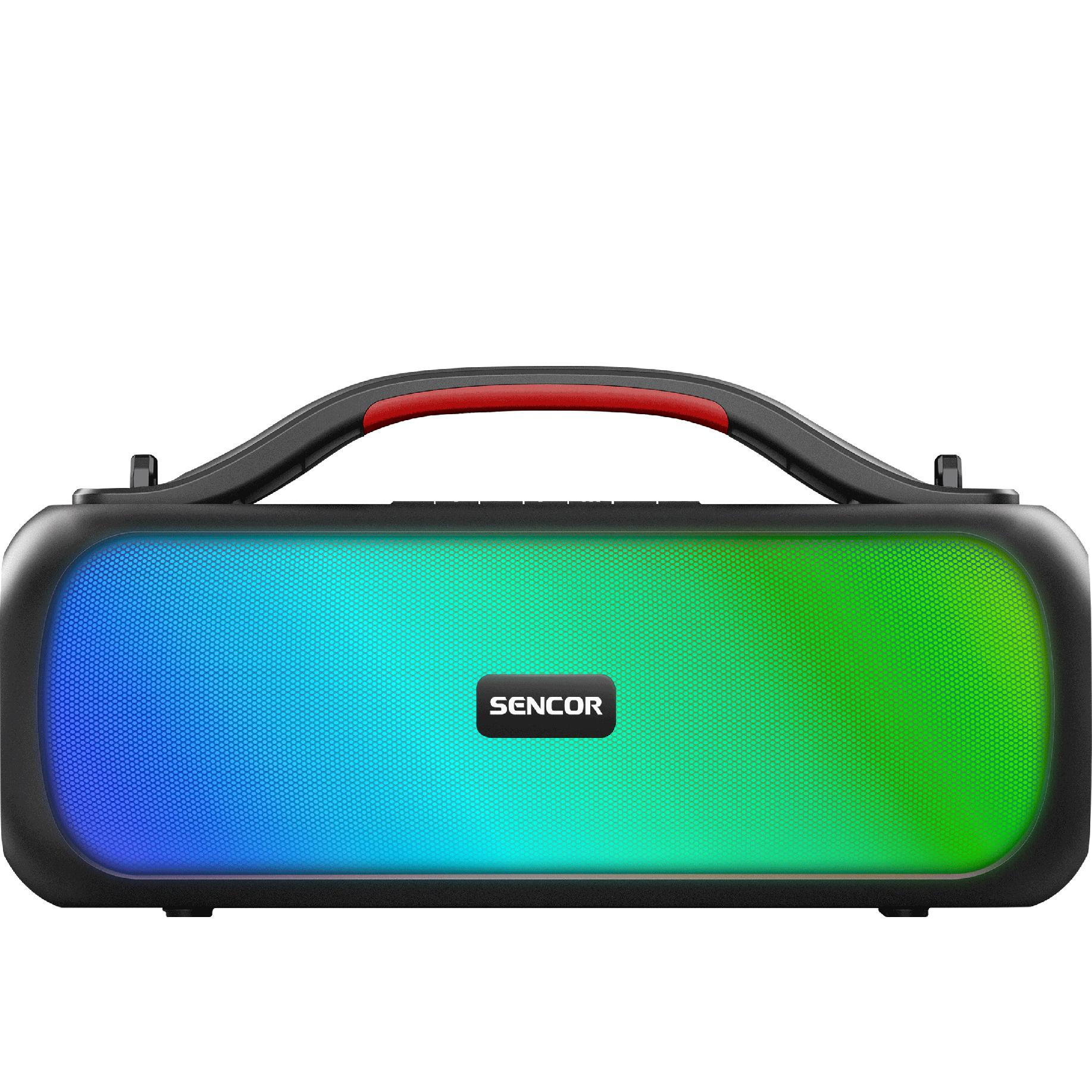 Czarny głośnik Bluetooth Sencor z niebiesko-zielonym oświetleniem LED i czerwonym uchwytem na białym tle.