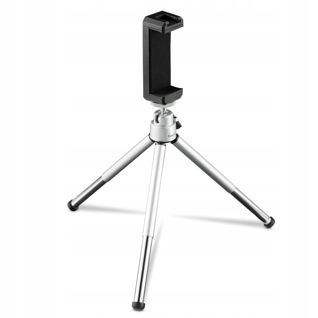 Silbernes Mini-Stativ mit schwarzer Smartphone-Halterung auf weißem Hintergrund.