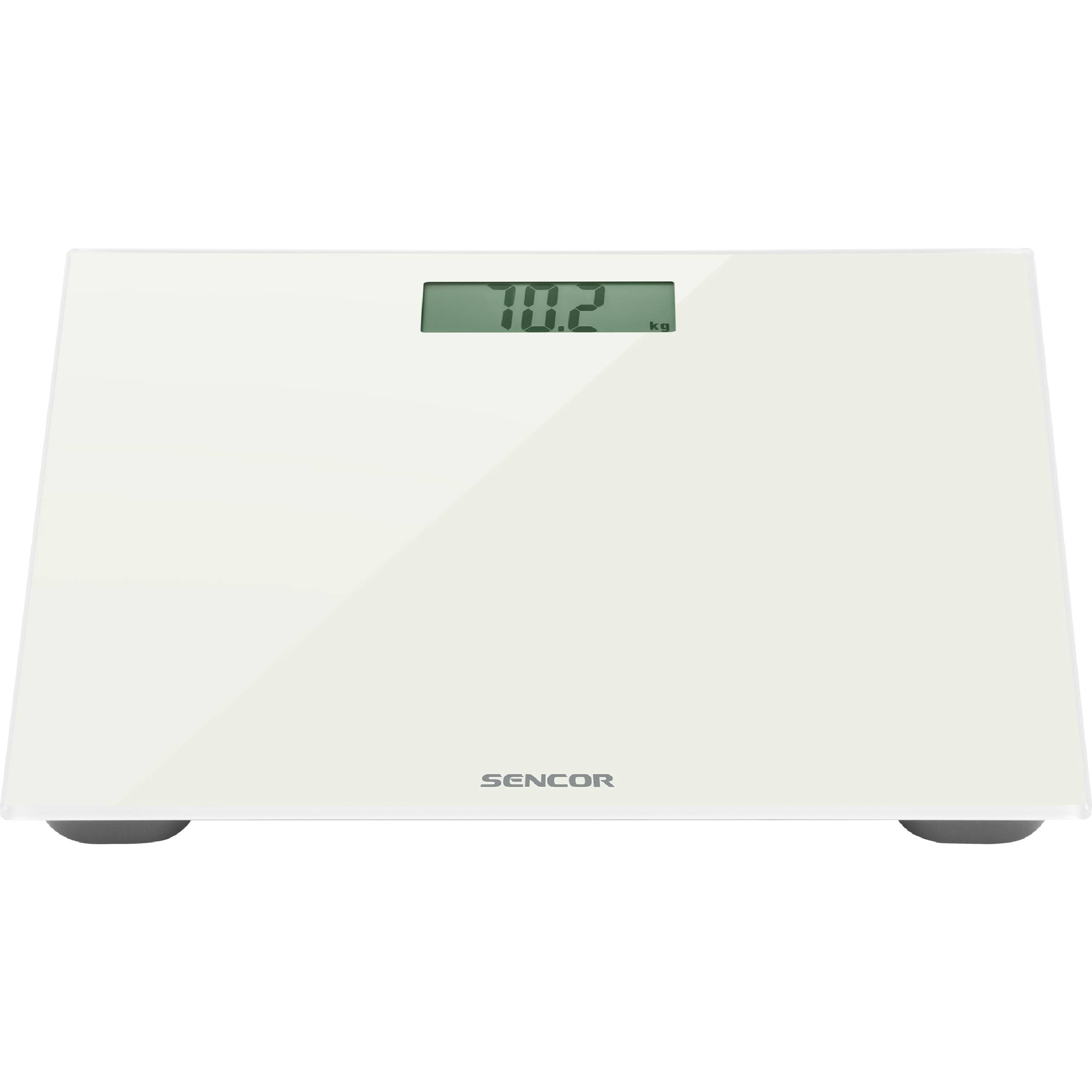 Eine weiße digitale Personenwaage von Sencor mit schwarzer Aufschrift und einem grünen Display, das 70,2 kg anzeigt.
