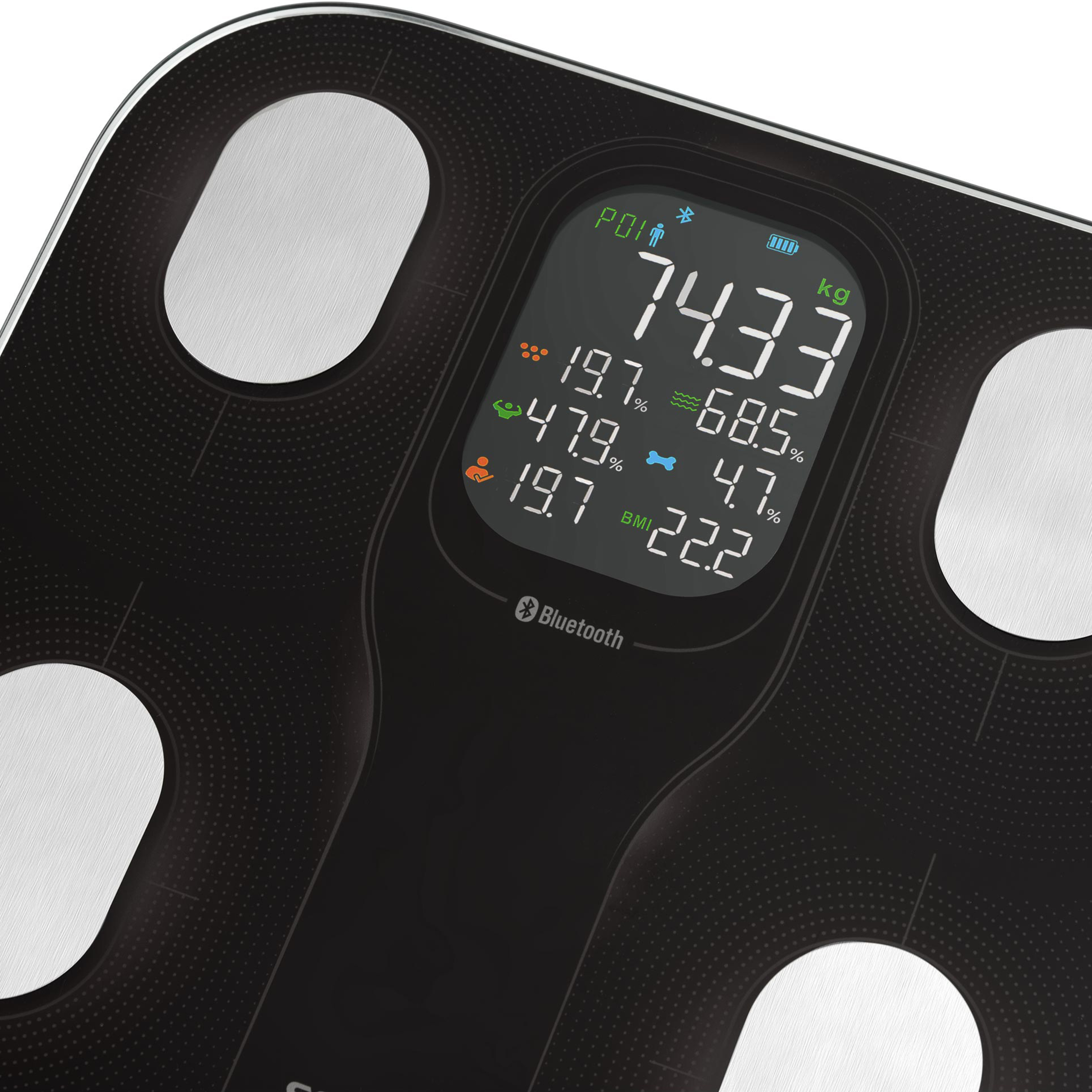 Digitale schwarze Personenwaage mit Metallpads und beleuchtetem Display für Gewicht und Körperanalyse.