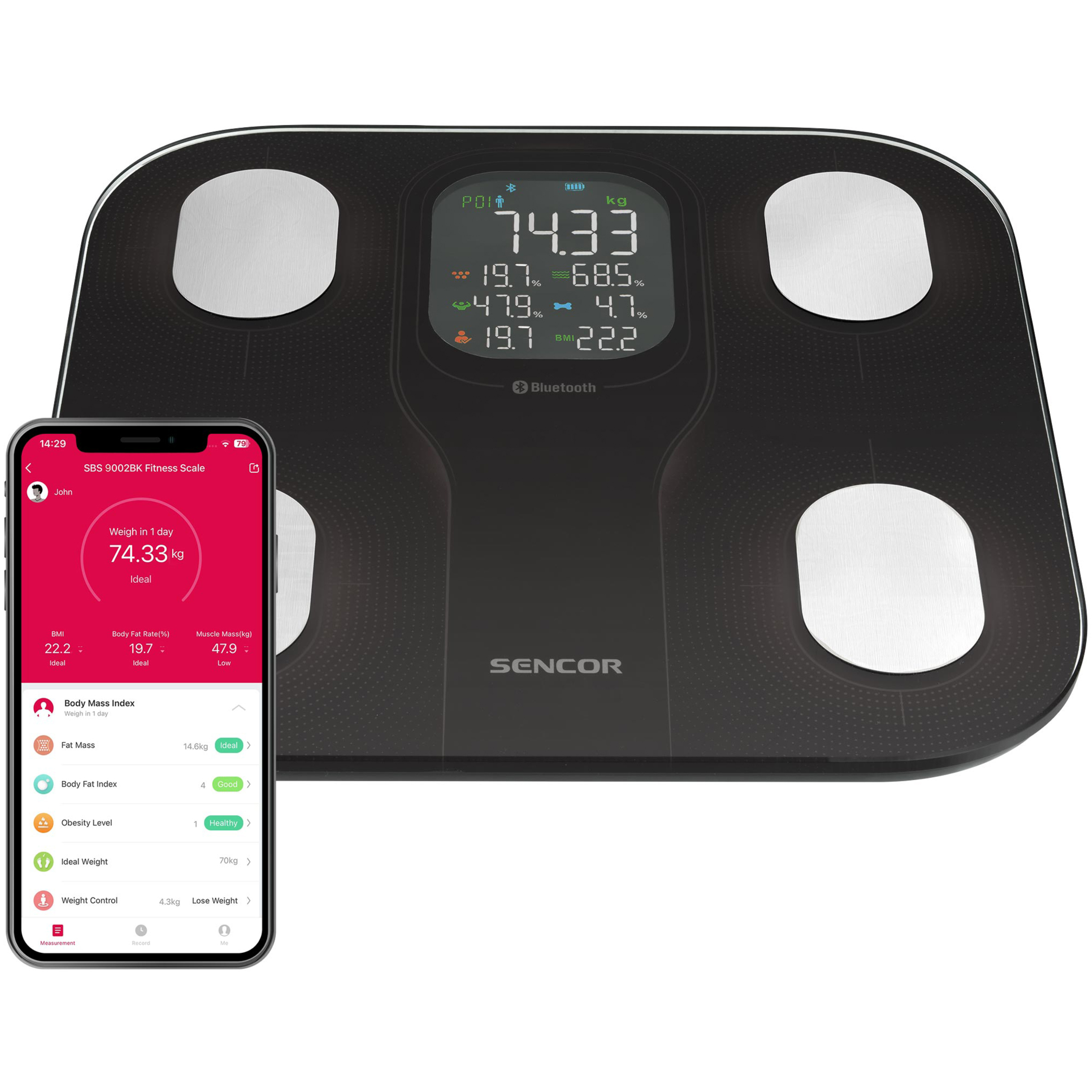 Digitale Personenwaage in Schwarz mit vier Elektroden und Smartphone, das Gesundheitsdaten anzeigt.