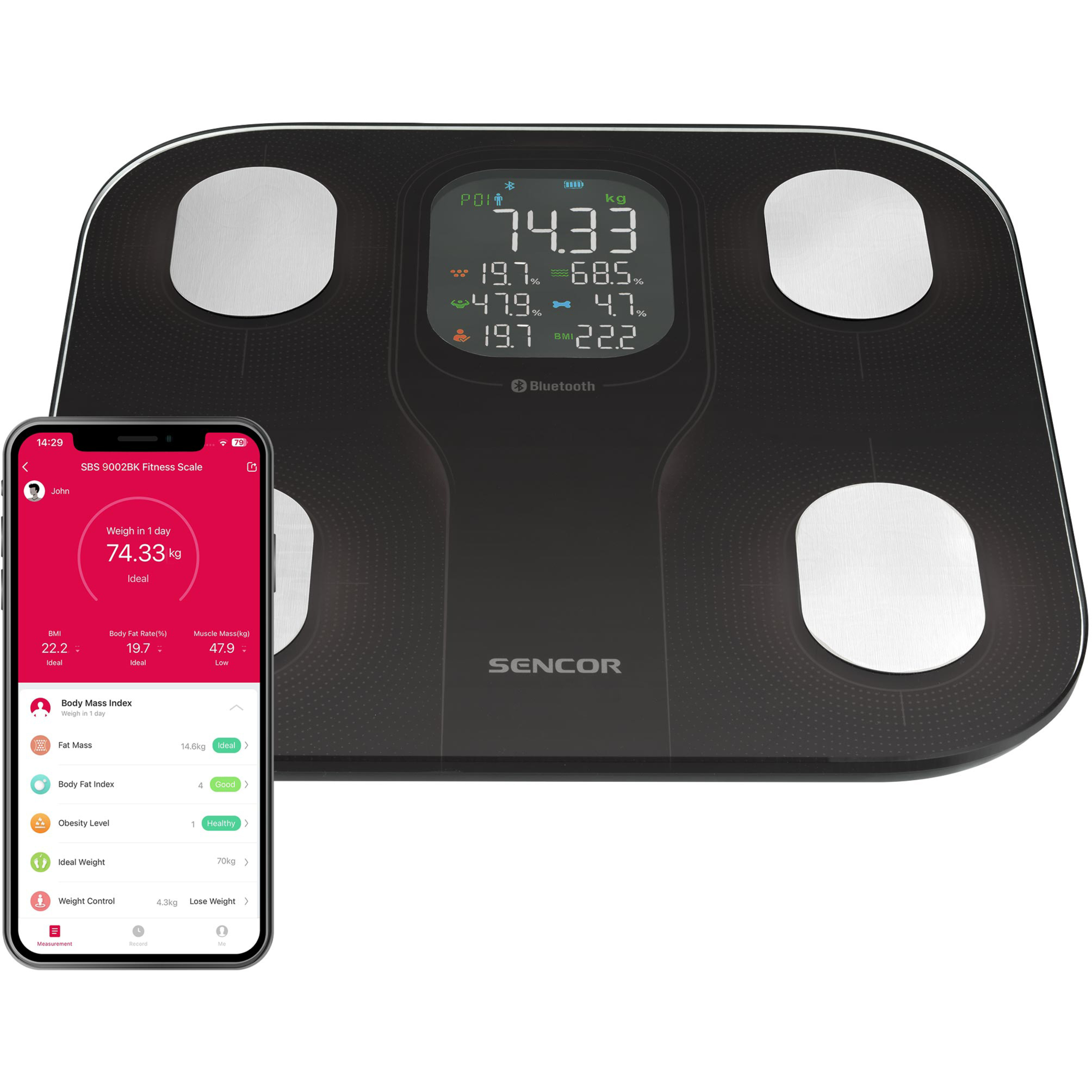 Digitale Sencor Körperanalysewaage mit LED-Display und verbundener Smartphone-App, die Messwerte anzeigt.