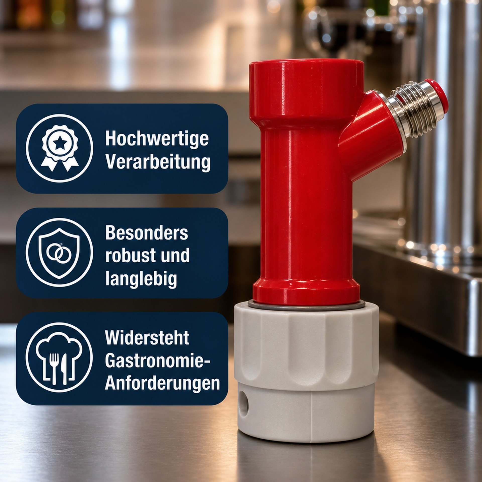 Rode tappop met grijze basis op metalen tafel, naast drie blauwe infoboxen met tekst en iconen.