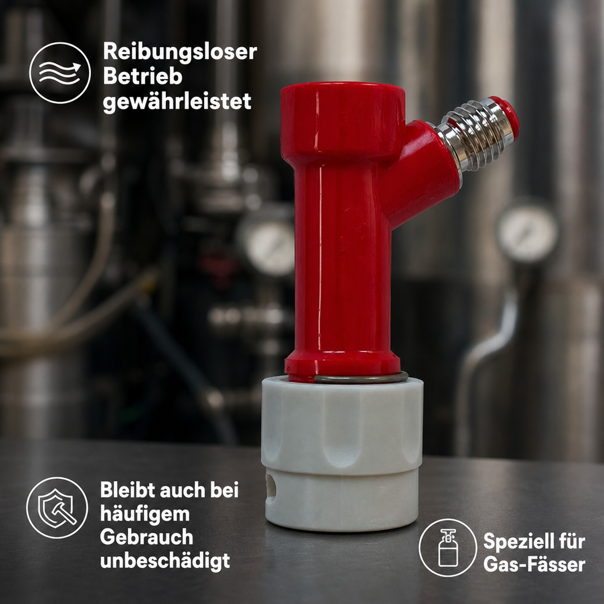 Een rood-witte aansluiting op een tafel met metalen achtergrond, met tekst en pictogrammen.