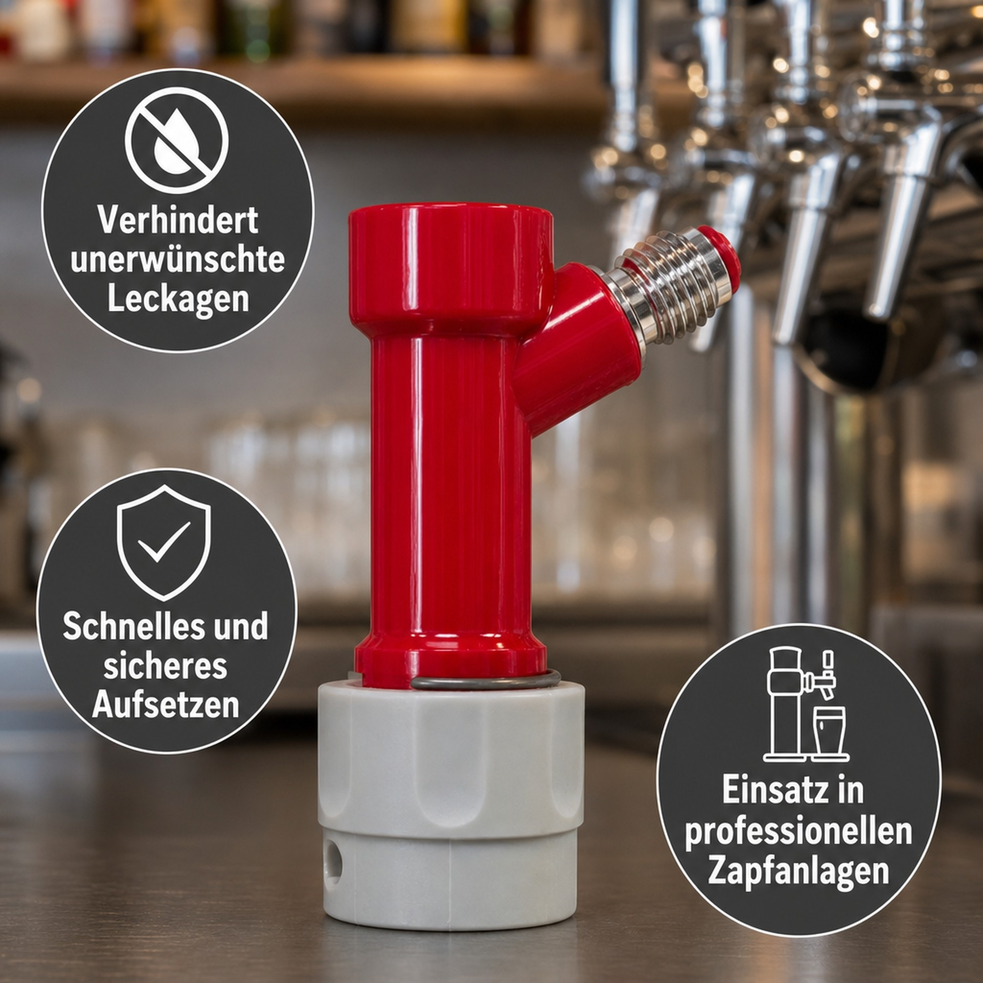 Rode taptap met een grijze voet en drie verklarende pictogrammen op de achtergrond.