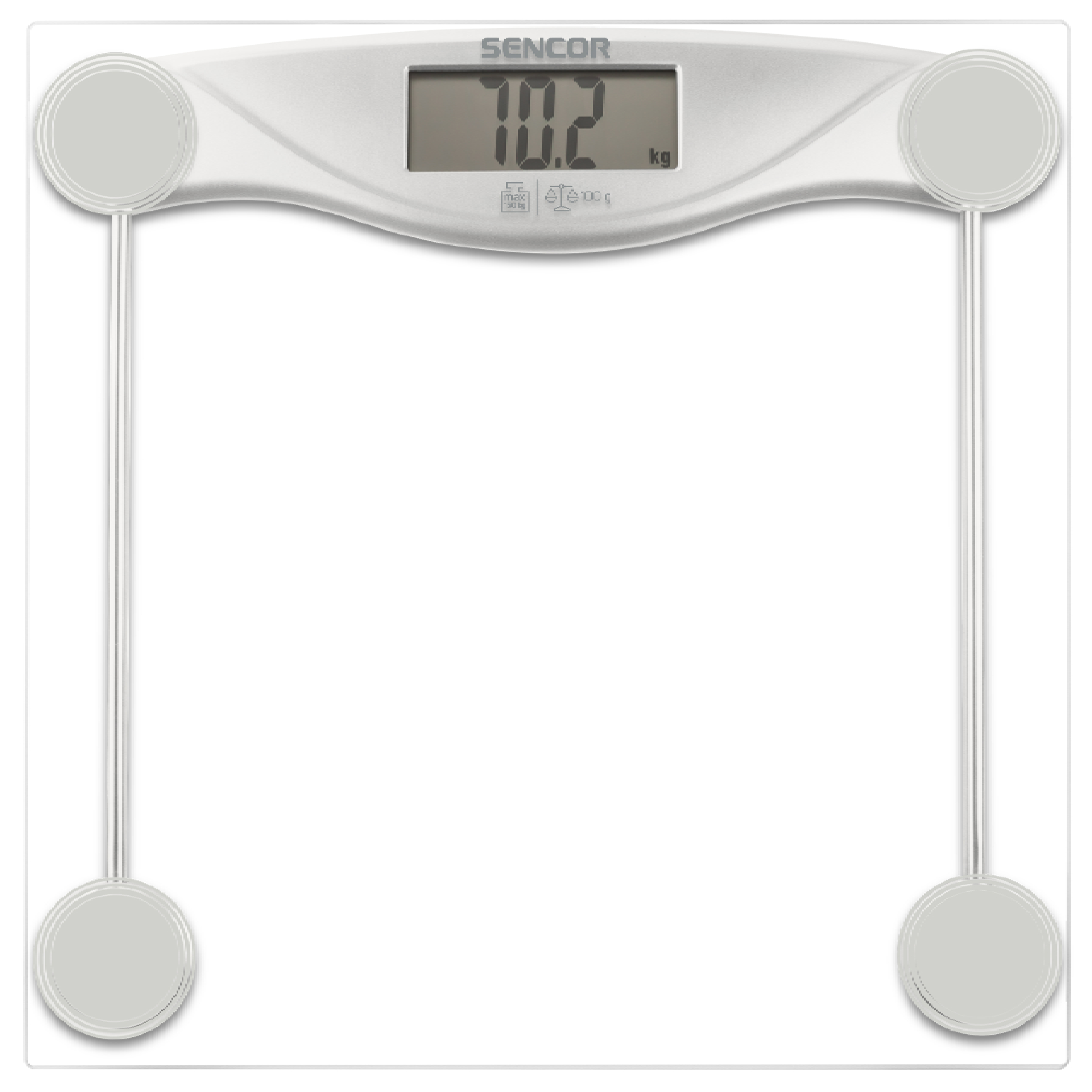 Bilancia pesapersone digitale Sencor in vetro bianco con schermo LCD che mostra 70,2 kg.