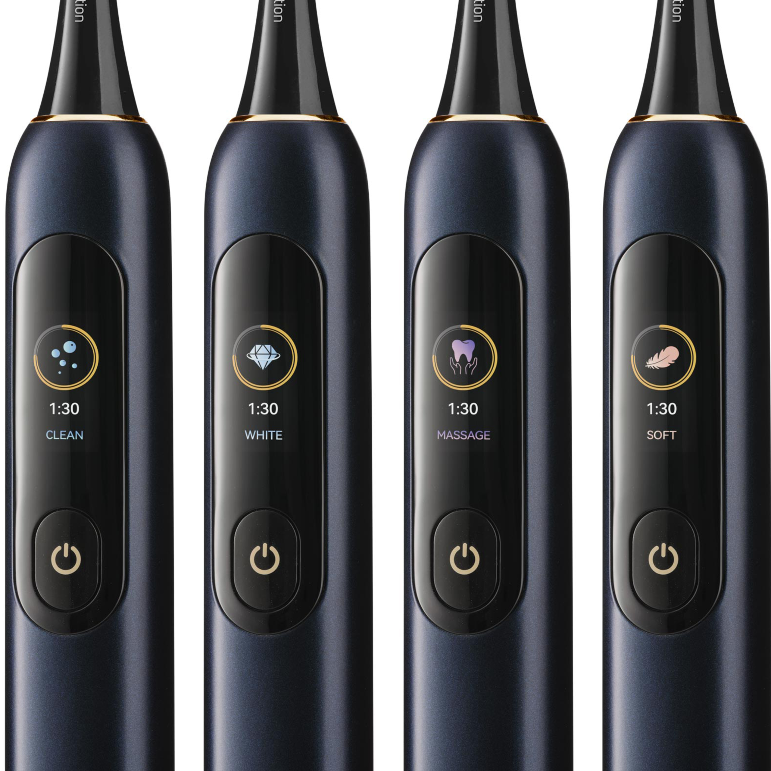 Cuatro cepillos de dientes eléctricos azul marino lado a lado con pantallas digitales que muestran Clean, White, Massage y Soft.