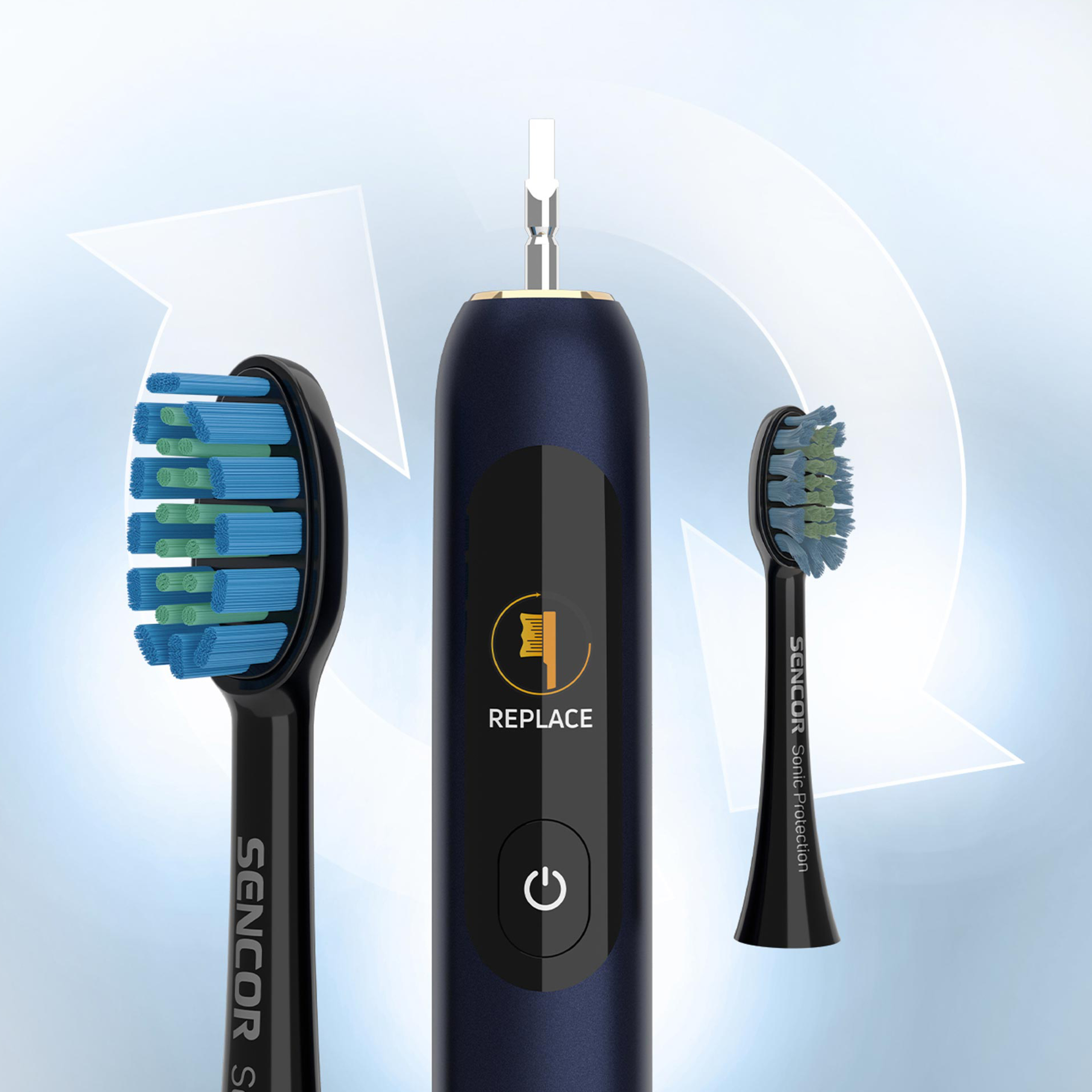 Cepillo de dientes eléctrico azul oscuro con cabezales intercambiables sobre fondo claro.