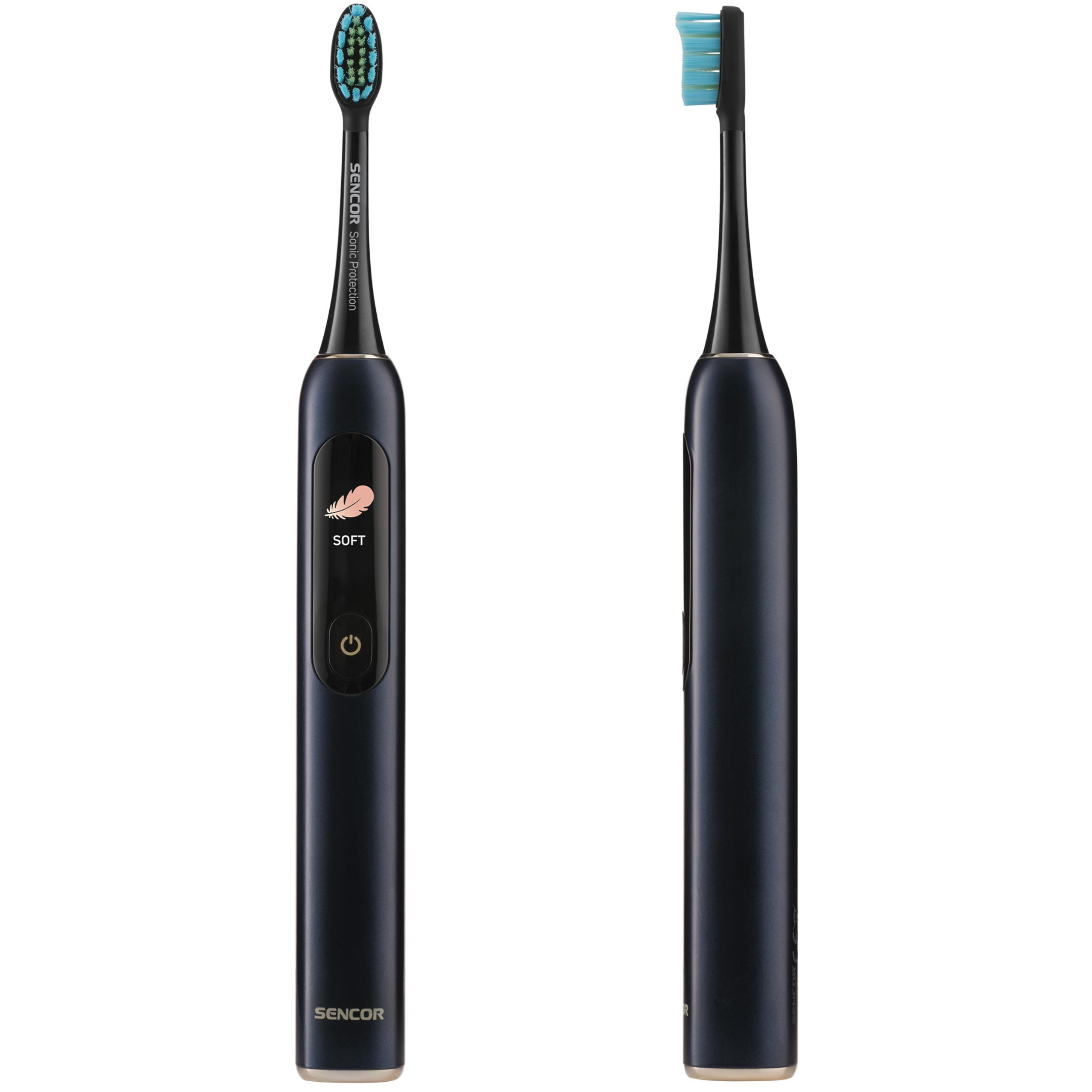 Dos vistas de un cepillo dental eléctrico Sencor oscuro con pantalla digital y cerdas azules sobre fondo blanco.