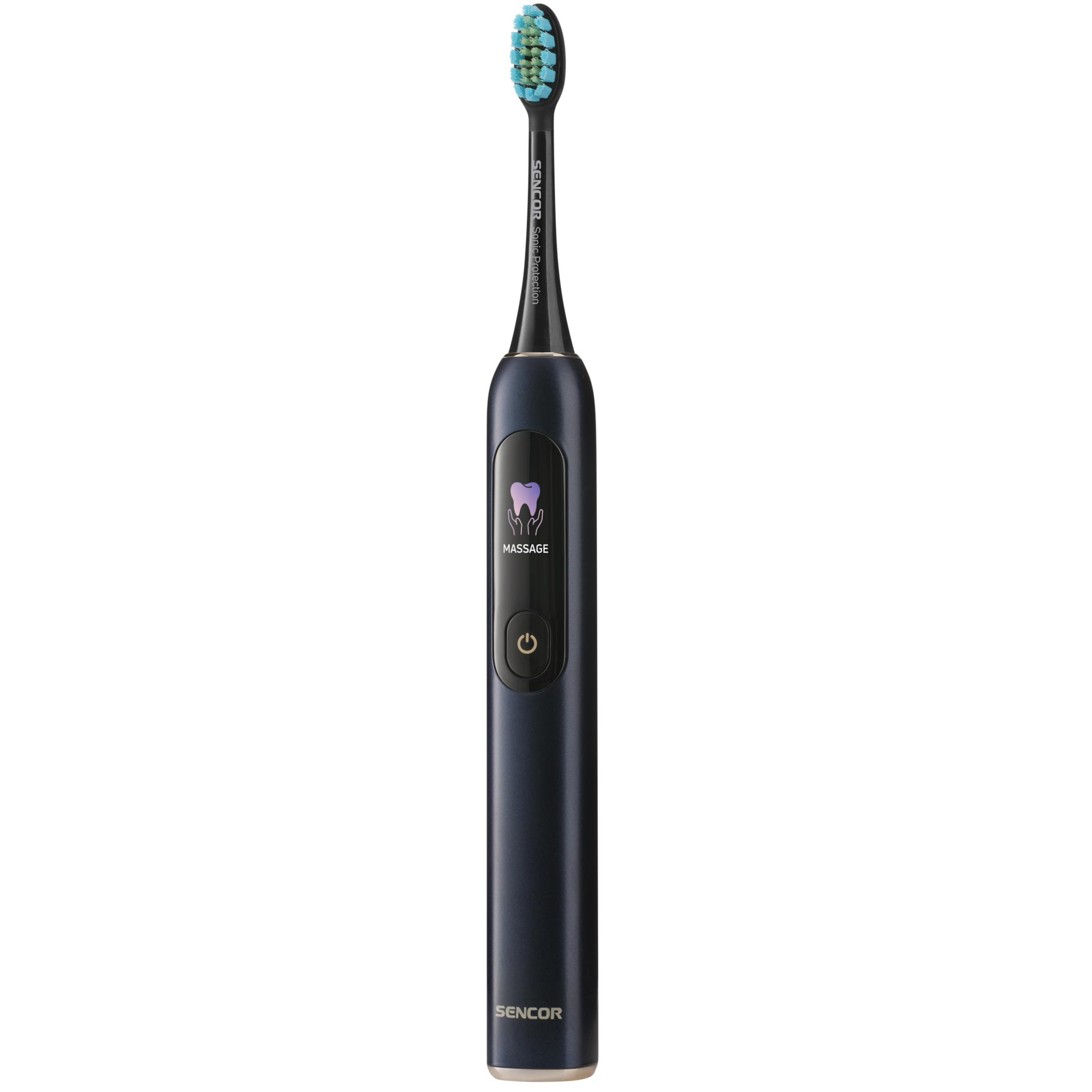 Un cepillo de dientes eléctrico negro con pantalla y cerdas azules sobre fondo blanco.