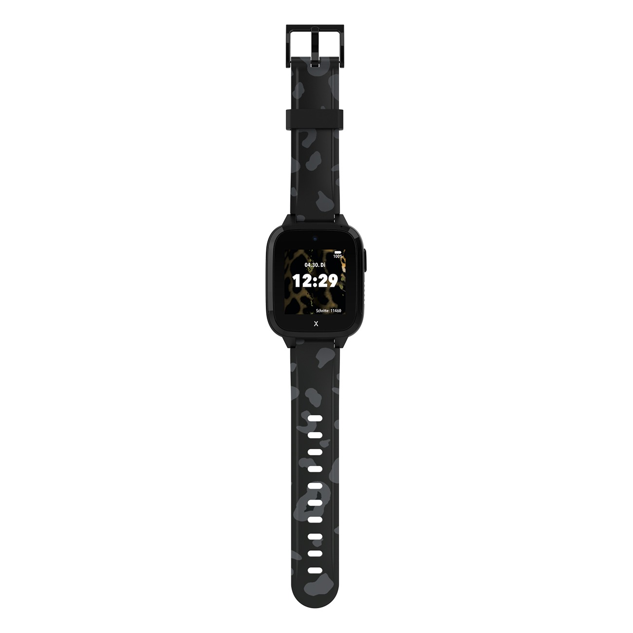 Eine schwarze Smartwatch mit dunklem Tarnmuster-Armband auf weißem Grund zeigt die Uhrzeit 12:29.