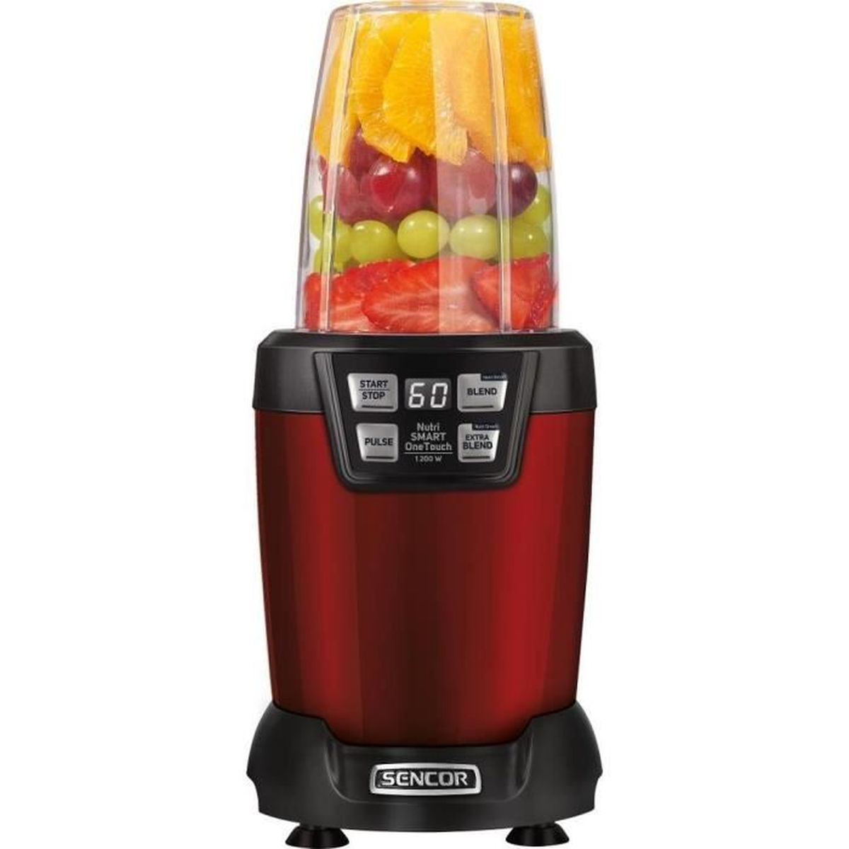 Ein roter Sencor-Standmixer gefüllt mit frischen Früchten wie Orangen, Trauben und Erdbeeren.