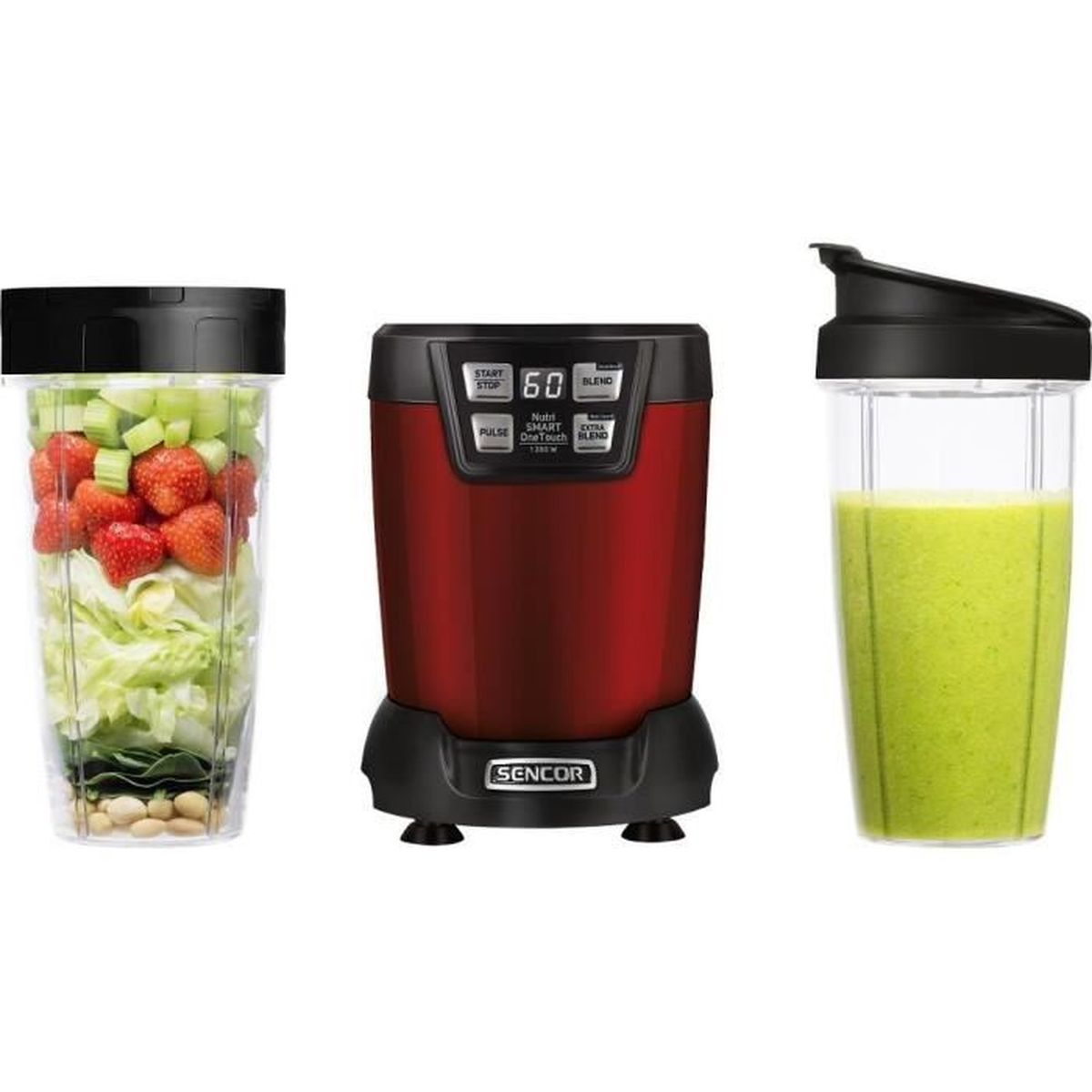 Ein roter Sencor Standmixer mit einem Becher voller Obst und Gemüse und einem Becher mit fertigem Smoothie.