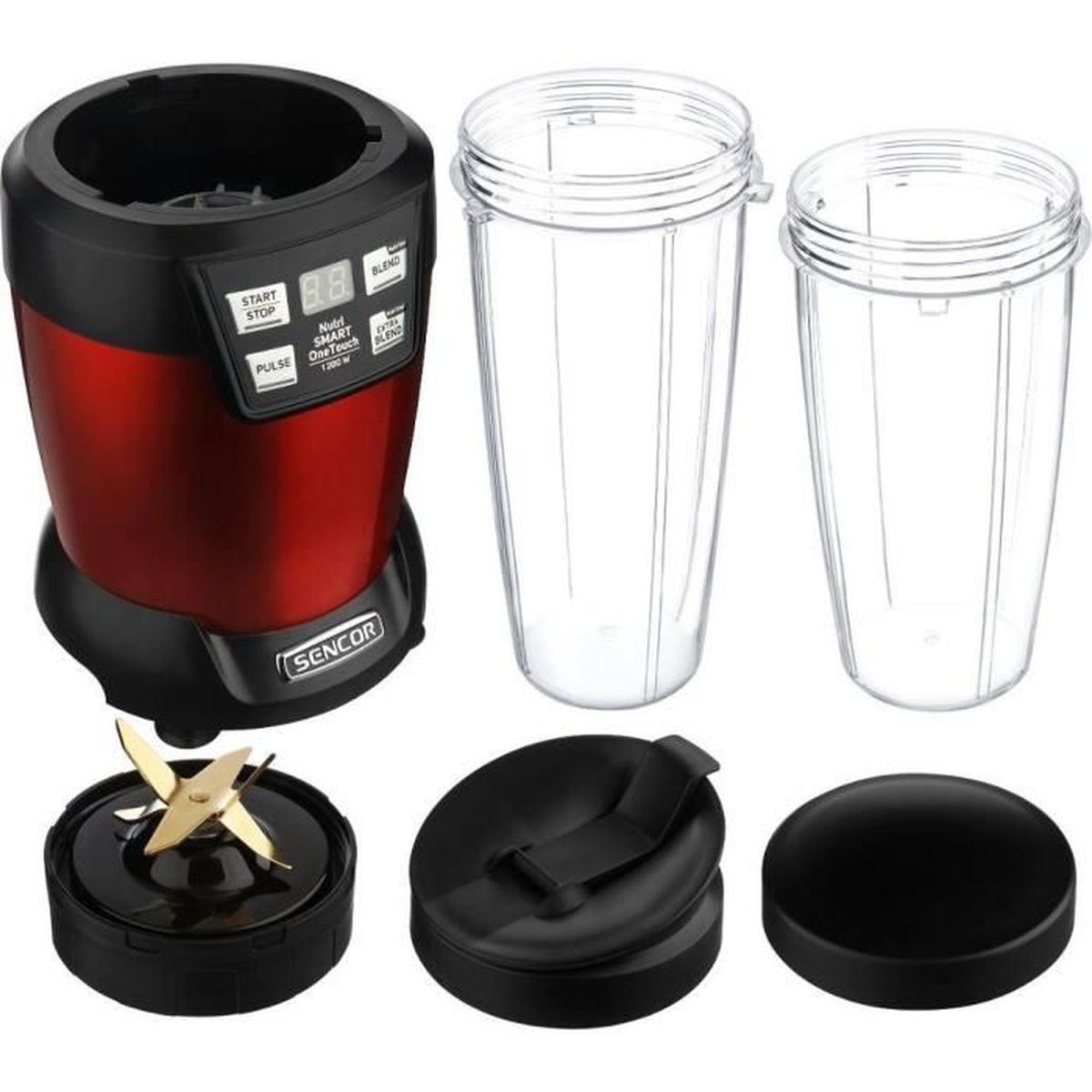 Ein roter Sencor Standmixer mit zwei großen Bechern, Klingenaufsatz und Deckeln vor weißem Hintergrund.