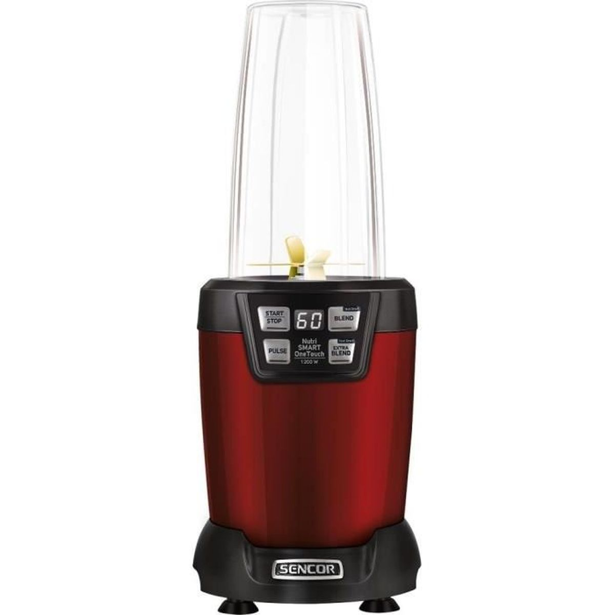 Ein roter Sencor-Standmixer mit schwarzer Basis, digitalem Display und klarem Kunststoffbecher vor weißem Hintergrund.