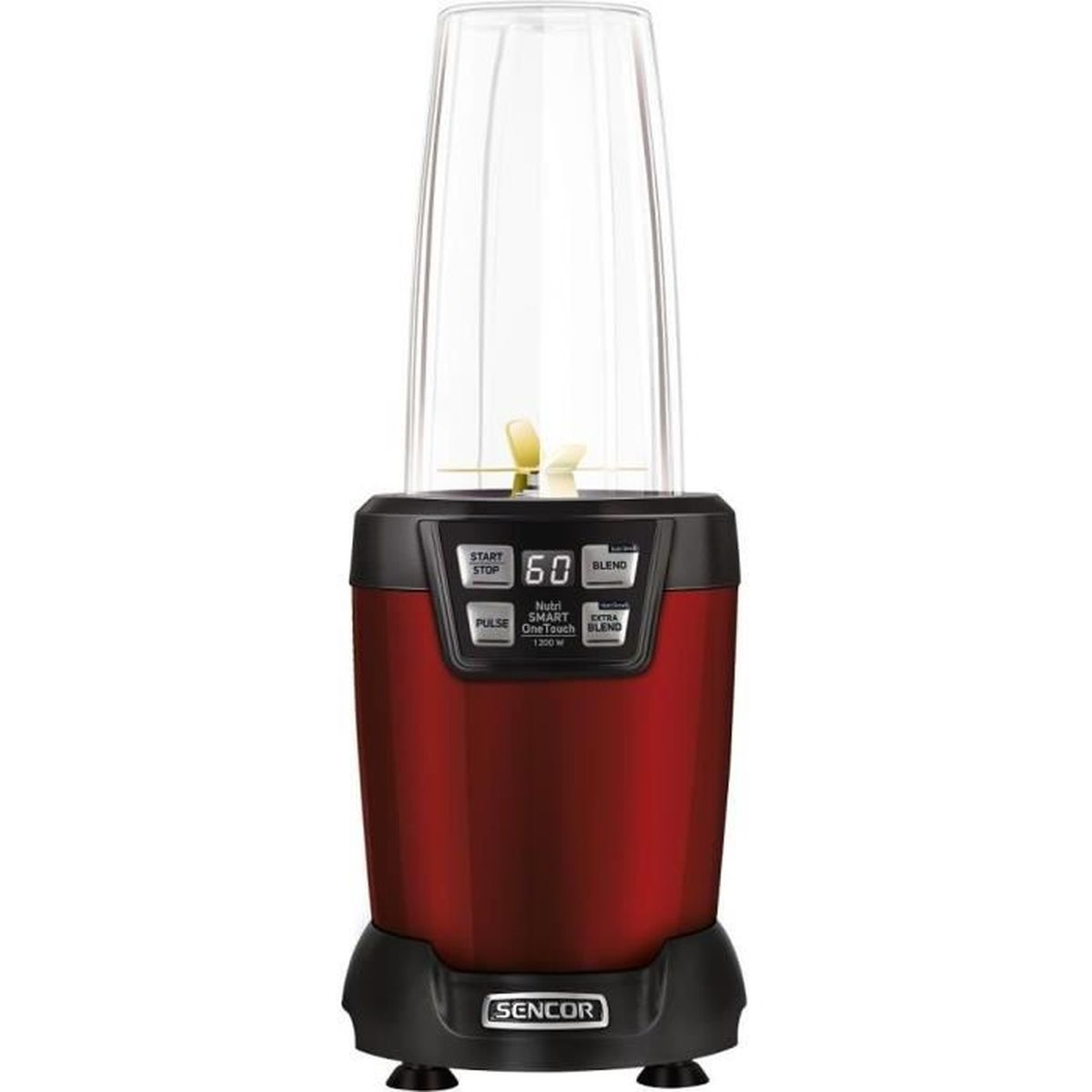 Ein roter Sencor Standmixer mit klarem Behälter und digitalem Display vor weißem Hintergrund.