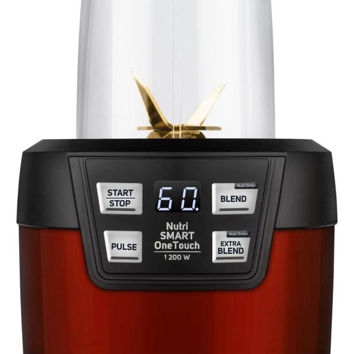 Rot-schwarzer Nutri Smart OneTouch Mixer mit digitaler Anzeige und Tasten für Start/Stopp, Puls, Mixen und Extra Mixen.