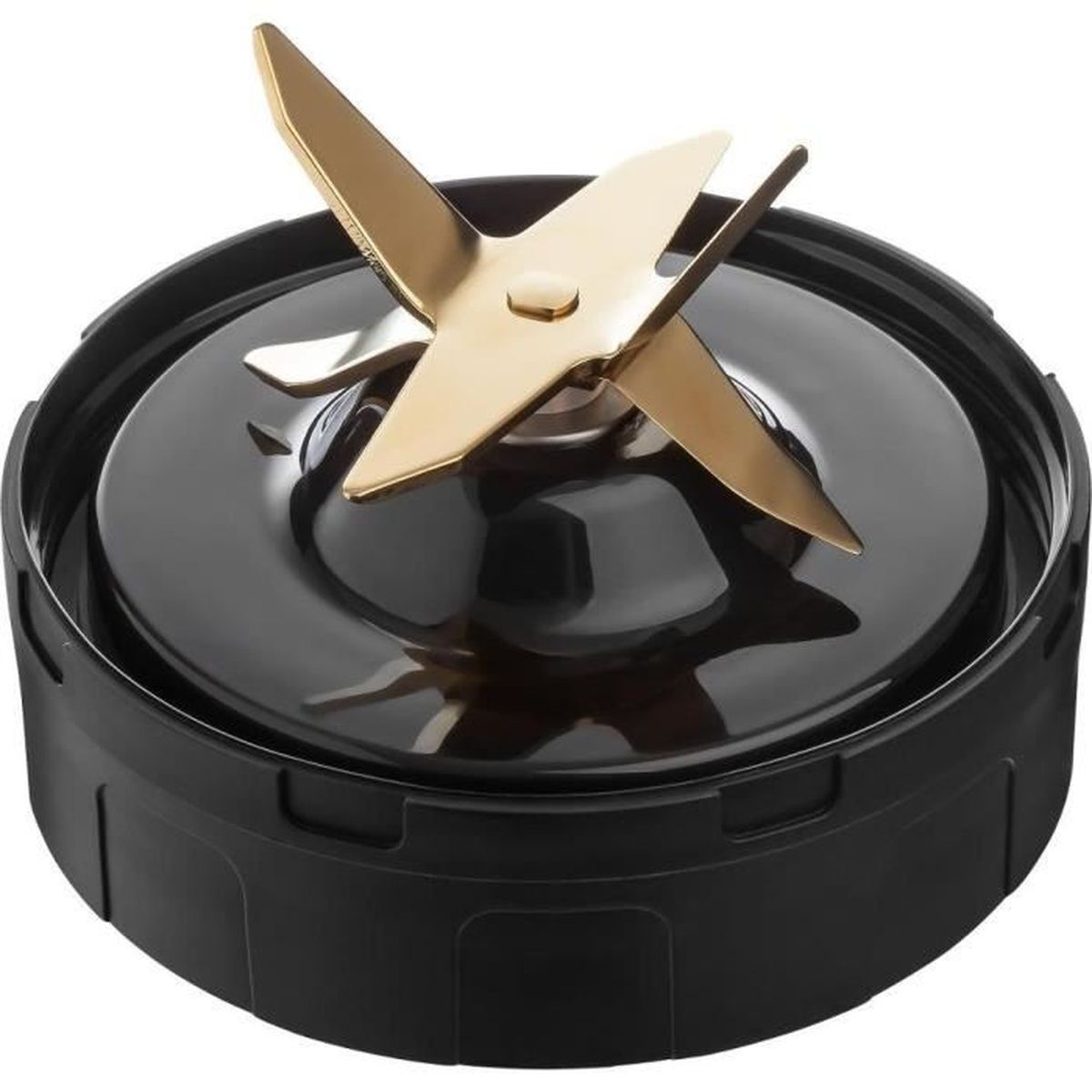 Goldene vierflügelige Mixer-Klinge auf schwarzem Kunststoffsockel.