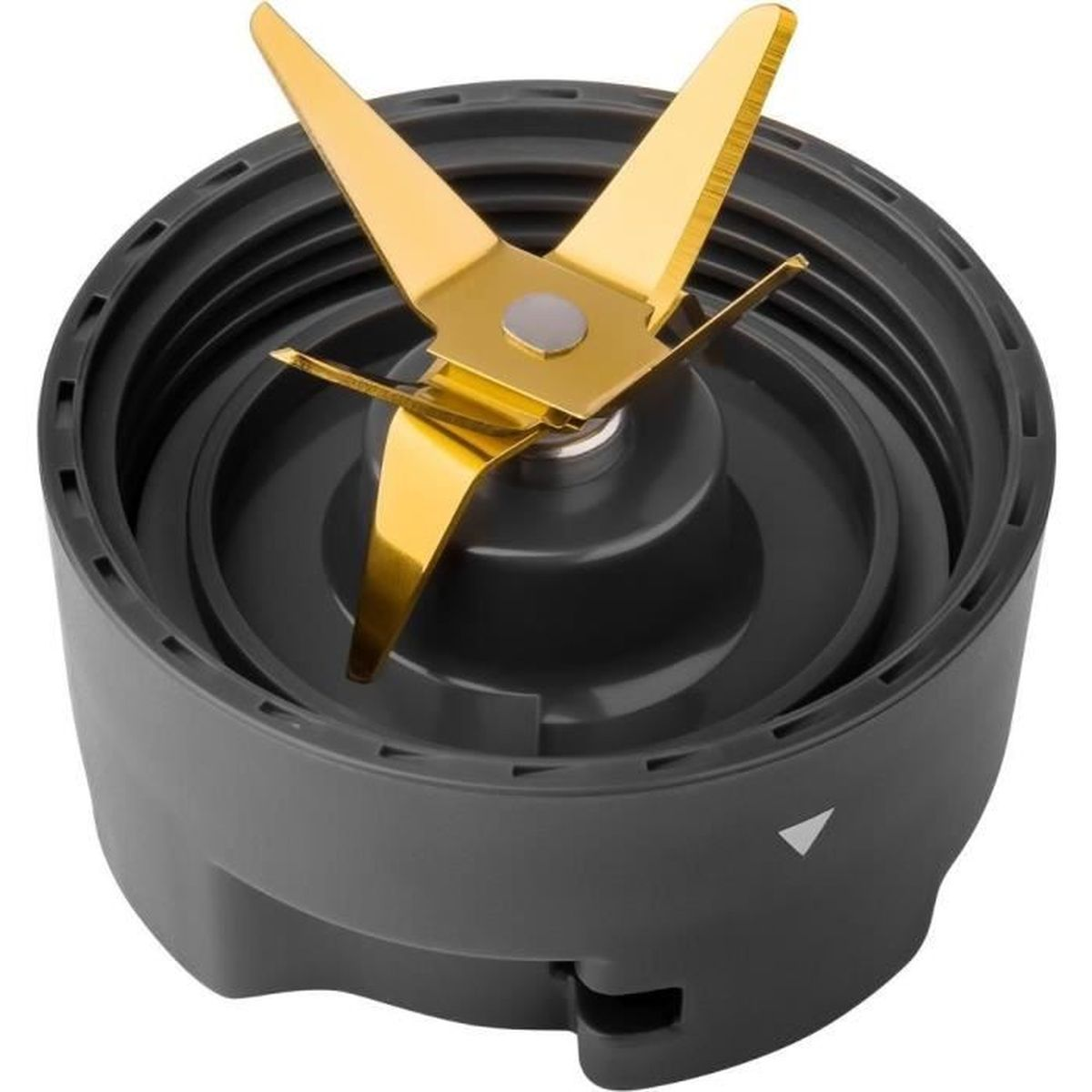 Goldfarbene Mixer-Edelstahlklingen in einer grauen Klingenbaugruppe.