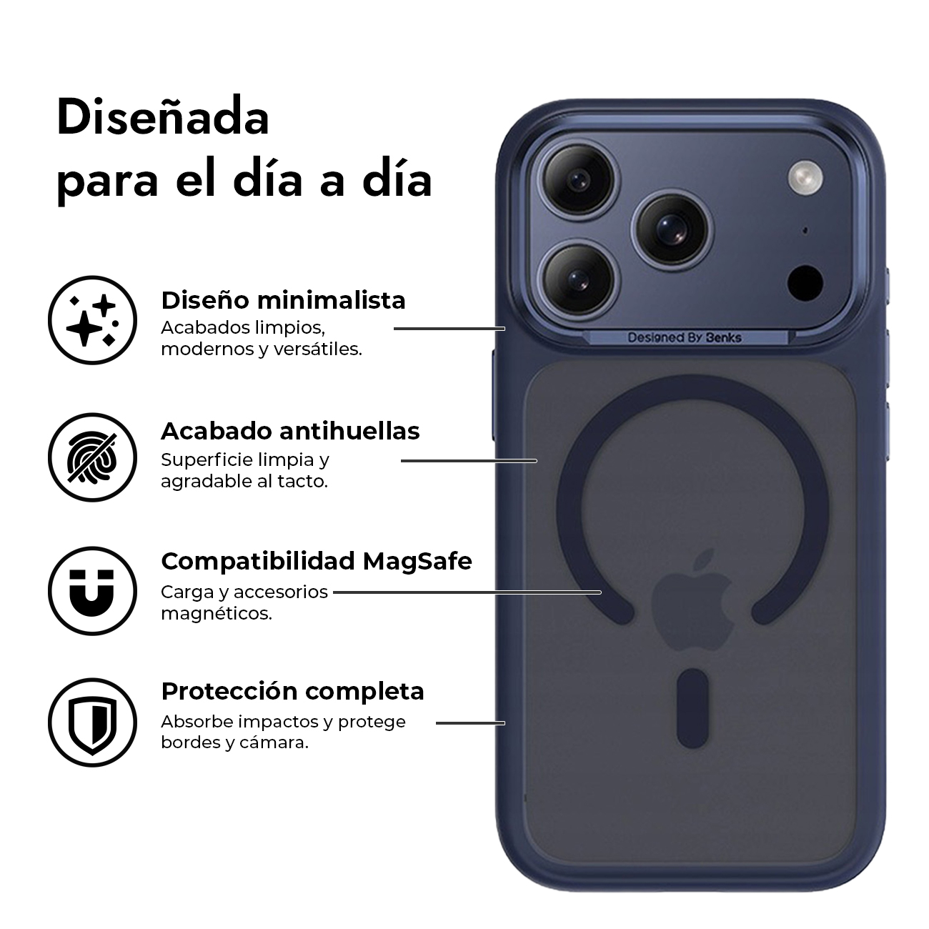 Funda azul para iPhone con MagSafe y características de protección, texto en español.