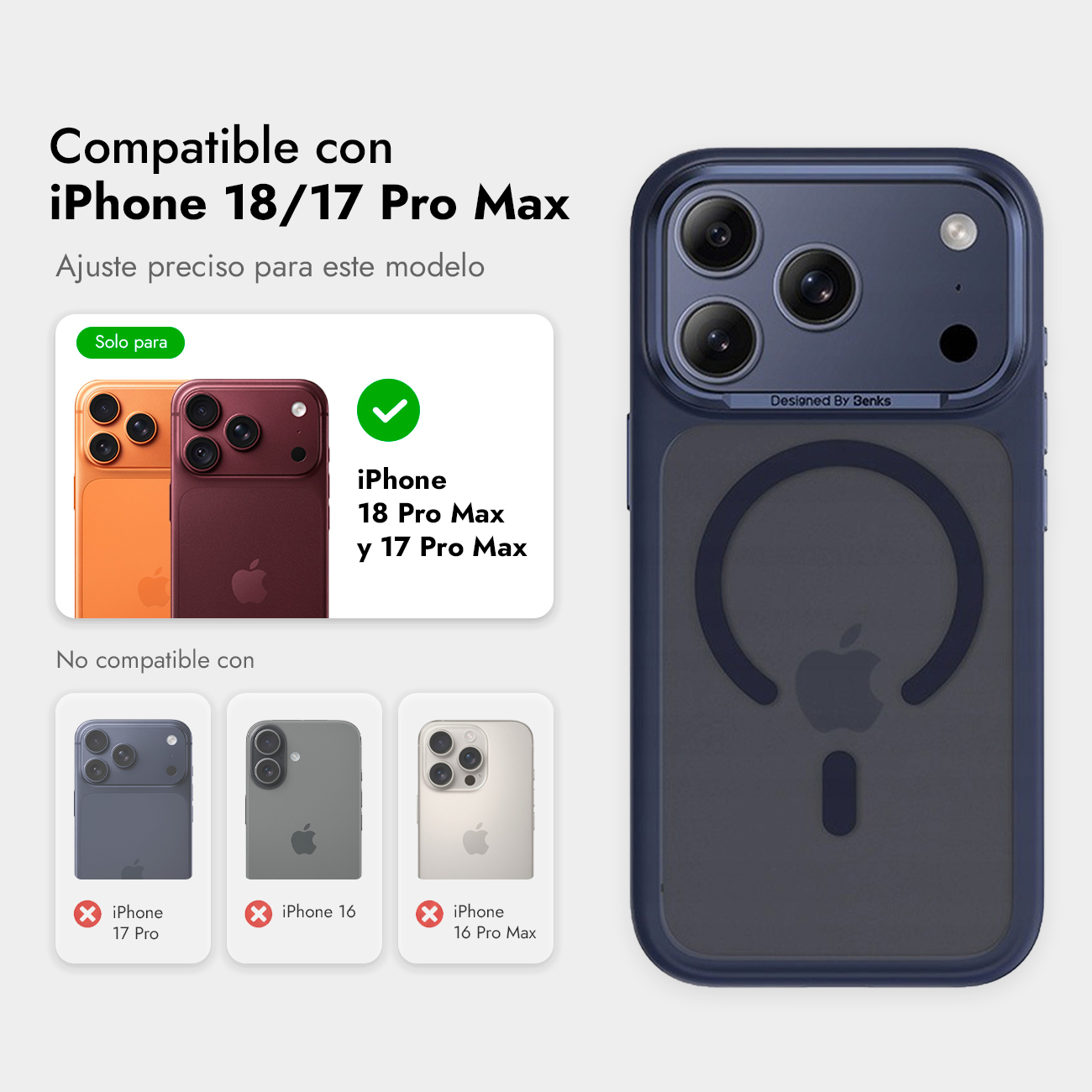 Funda azul MagSafe para iPhone 18 y 17 Pro Max, con guía de compatibilidad.