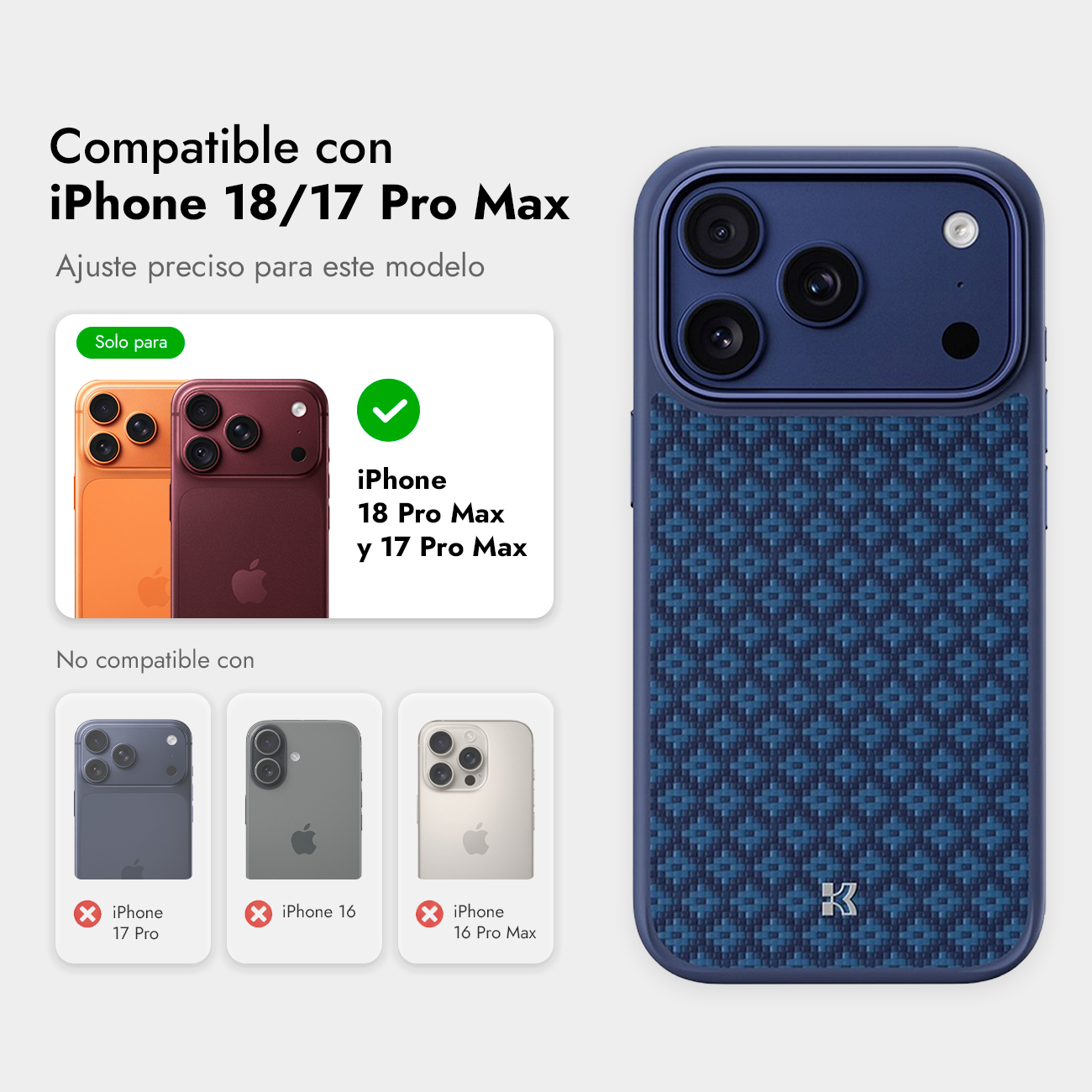 Funda azul con patrón compatible con iPhone 18 y 17 Pro Max, con guía de compatibilidad.