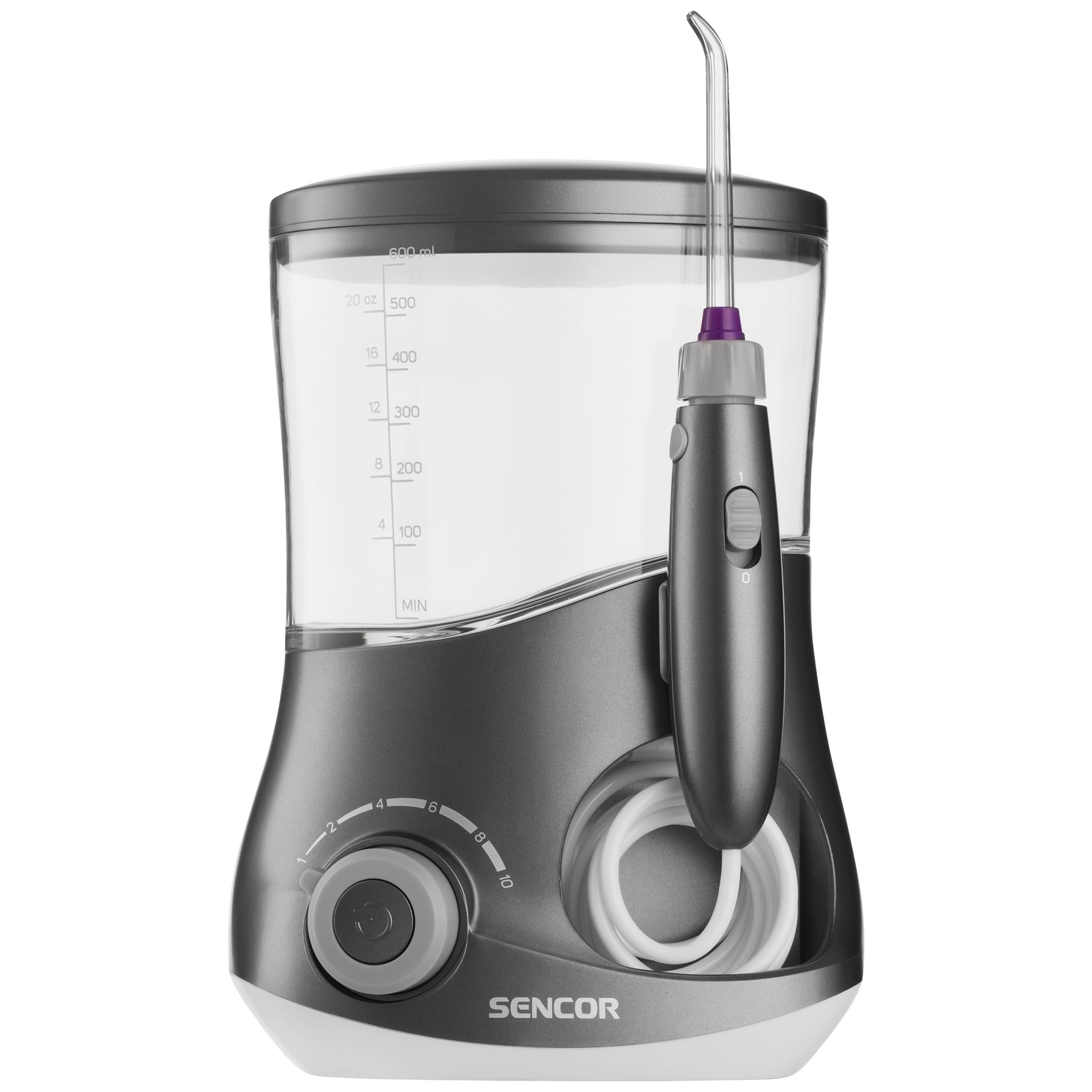 Idropulsore orale Sencor grigio con serbatoio trasparente, regolatore di pressione e manico.
