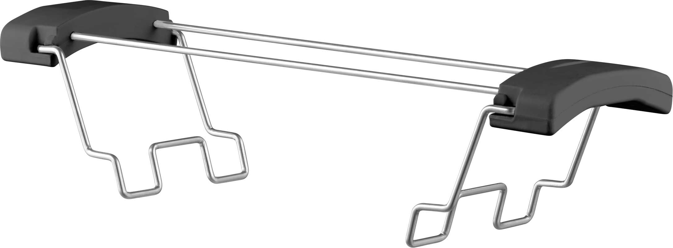 Srebrny metalowy uchwyt z dwoma szarymi plastikowymi uchwytami na białym tle.