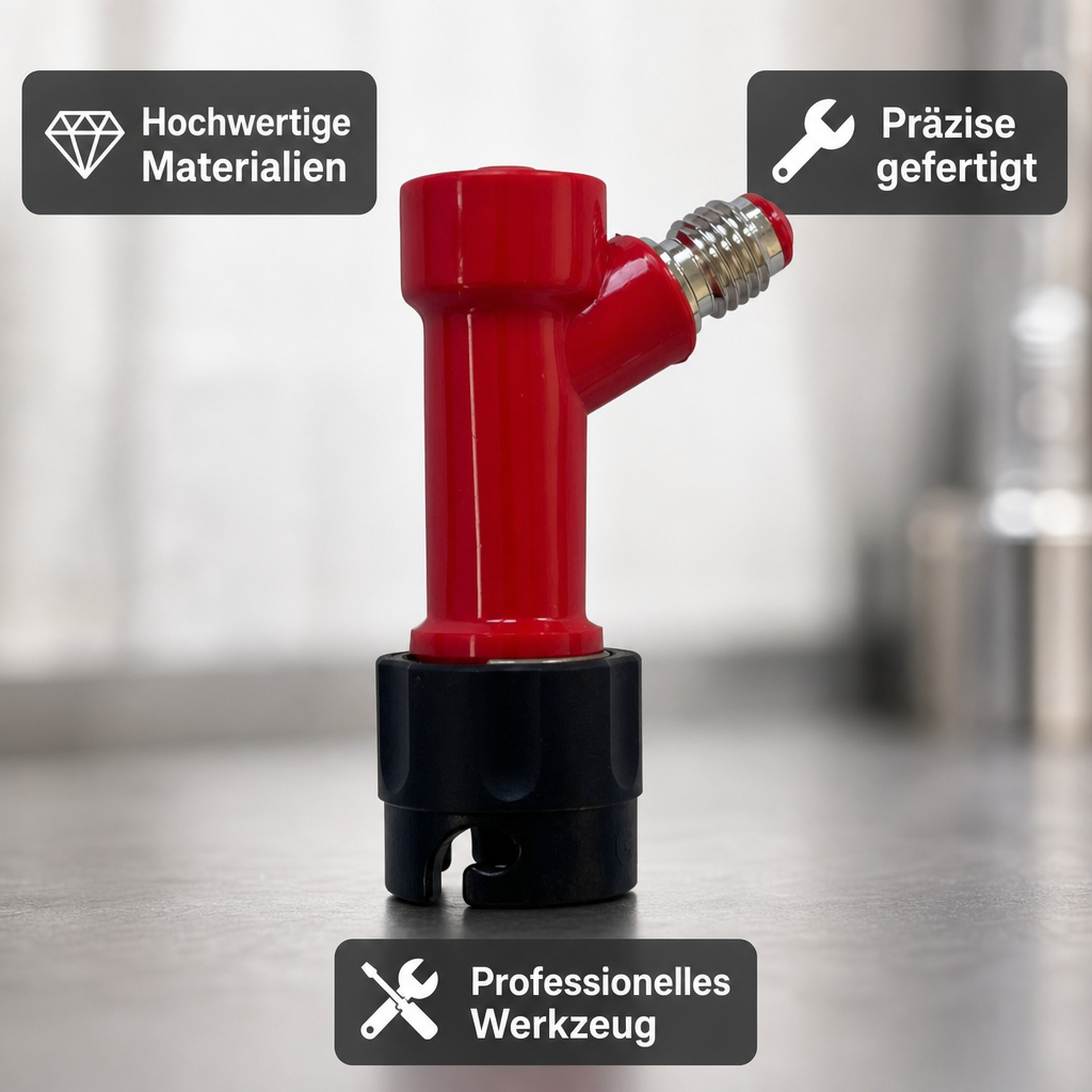 Een rood-zwarte tapkop met metalen schroefdraad staat op een grijs oppervlak met drie infoboxen.