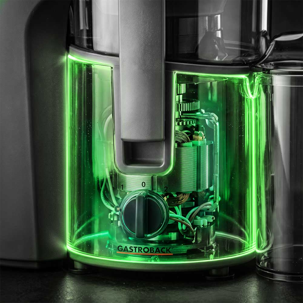 Nahaufnahme eines Gastroback-Geräts mit sichtbarem Innenmotor und grüner LED-Beleuchtung.