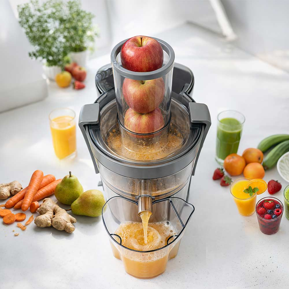 Ein Entsafter gießt Saft in einen Behälter, umgeben von Äpfeln, Karotten, Birnen und Beeren auf einer Arbeitsplatte.