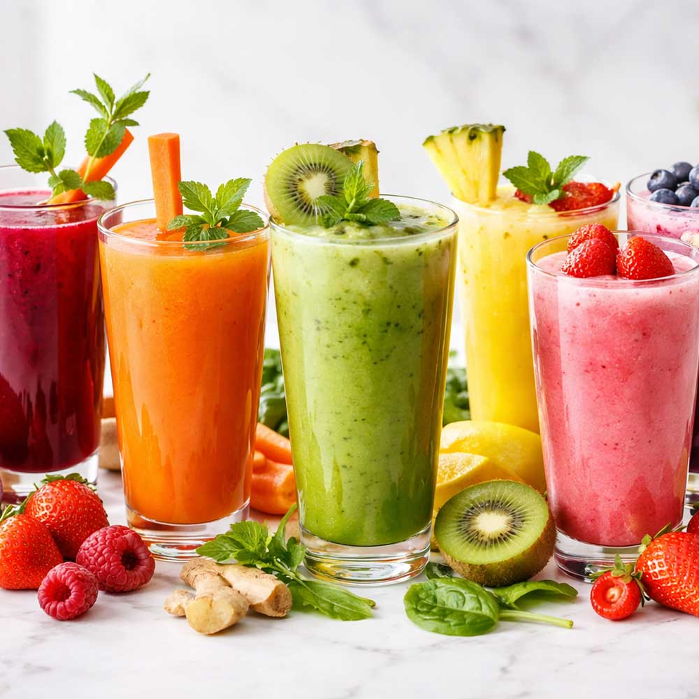 Verschiedene farbenfrohe Smoothies in Gläsern mit frischen Früchten und Kräutern.