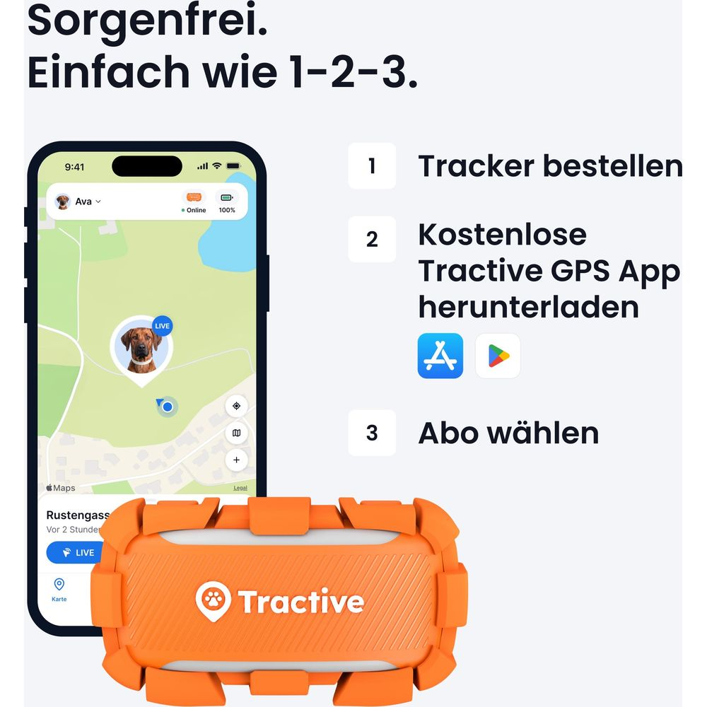 Guide en trois étapes pour Tractive GPS : commander le tracker, télécharger l'application et choisir un abonnement.