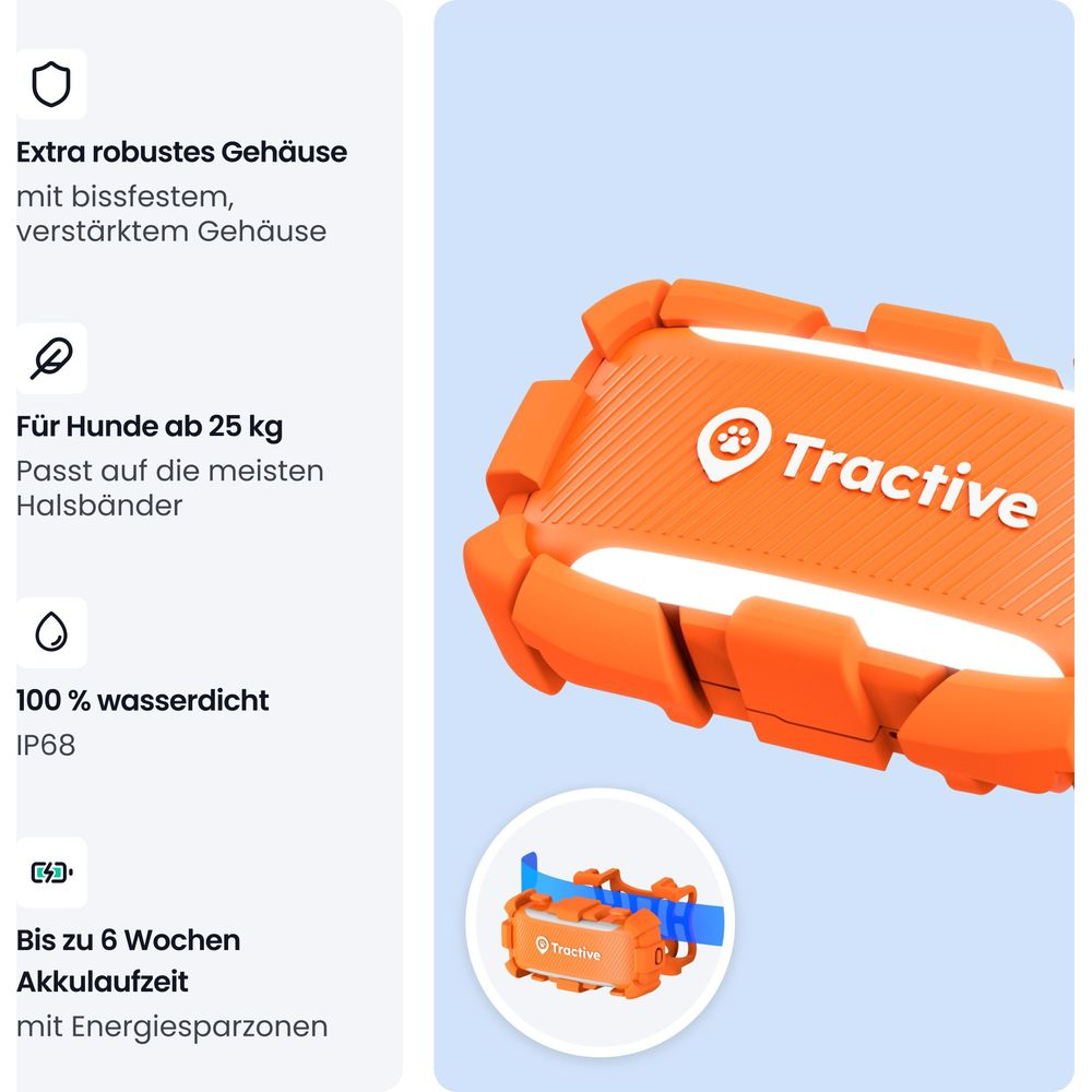 Traqueur GPS Tractive orange avec boîtier robuste, logo de patte de chien et texte sur fond bleu.