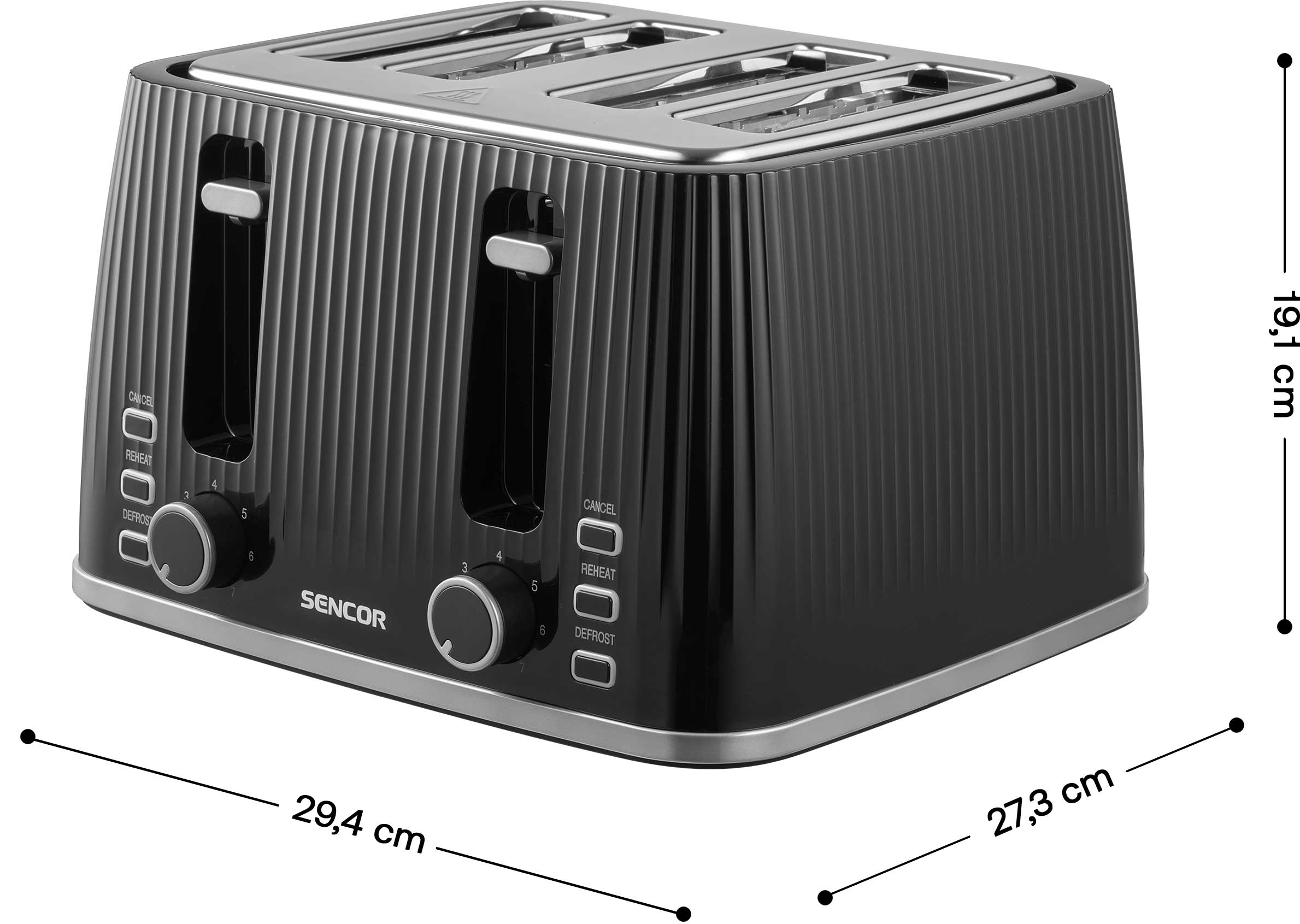Czarny toster Sencor na cztery kromki o wymiarach: szerokość 29,4 cm, głębokość 27,3 cm, wysokość 19,1 cm.