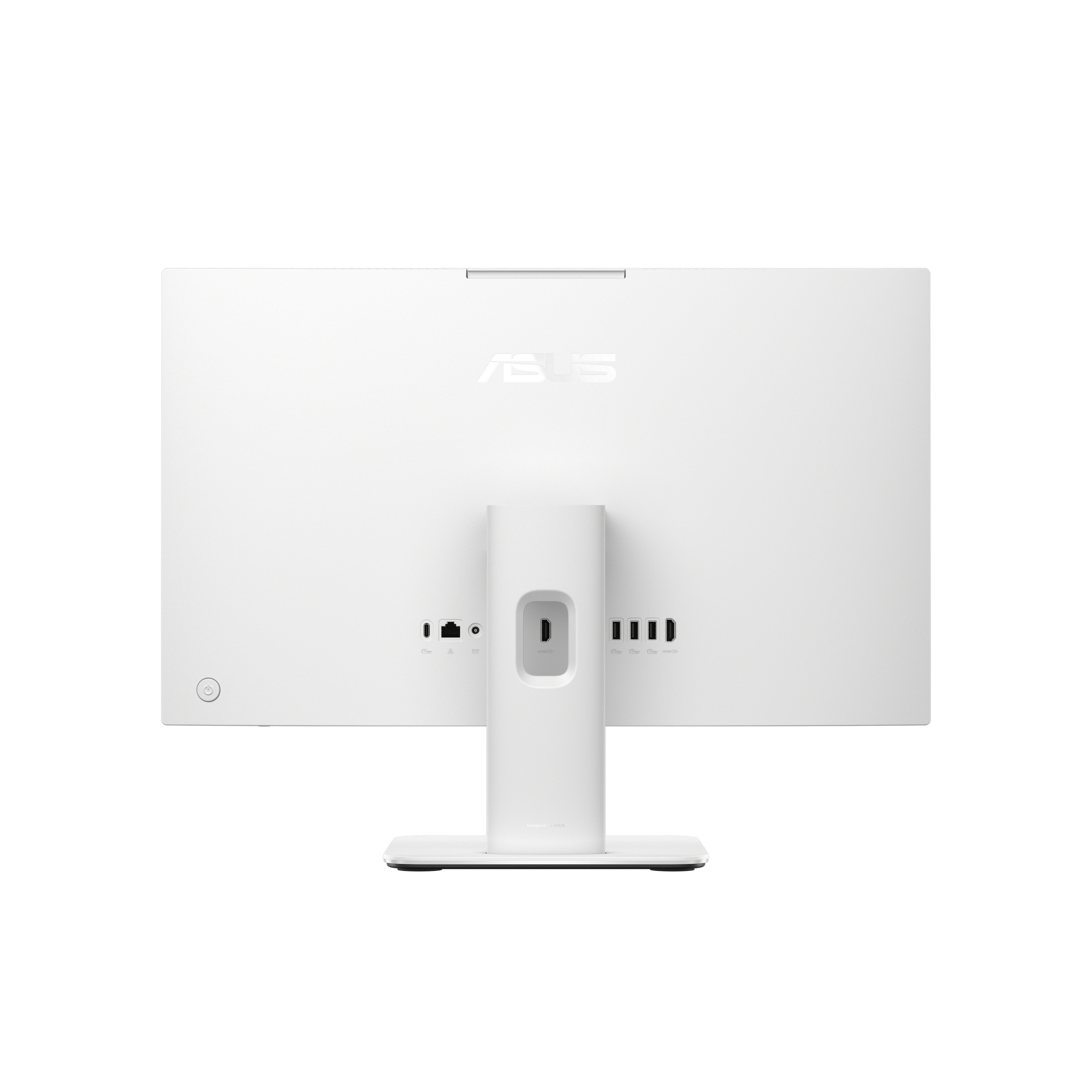 Vista posteriore di un monitor ASUS bianco su supporto, con porte visibili e logo ASUS.