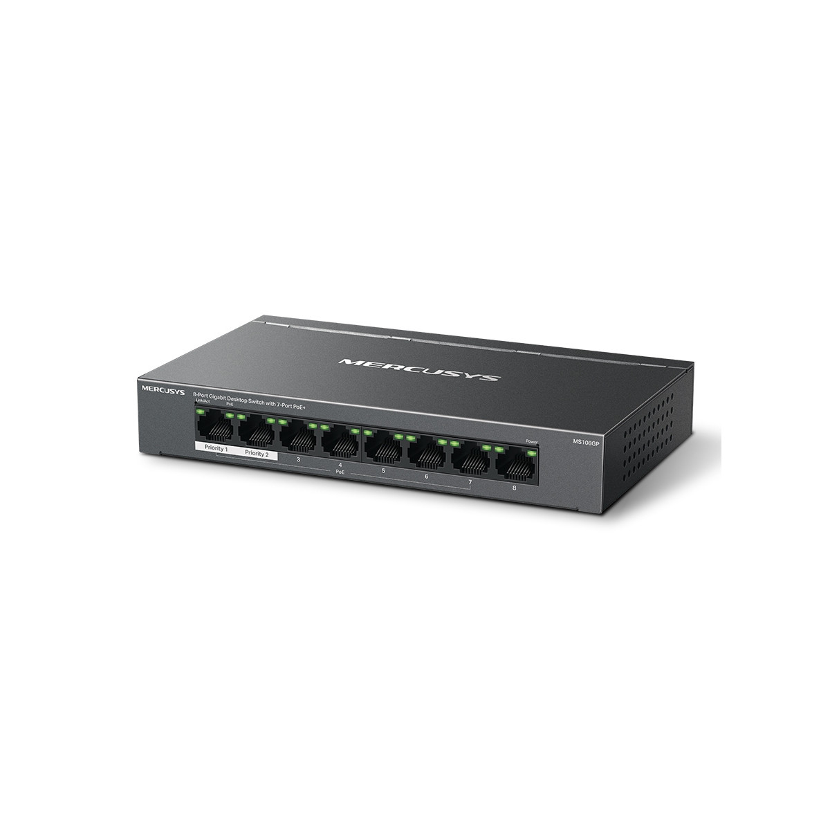 Szary 8-portowy przełącznik biurkowy Gigabit Mercusys z PoE+ na białym tle.
