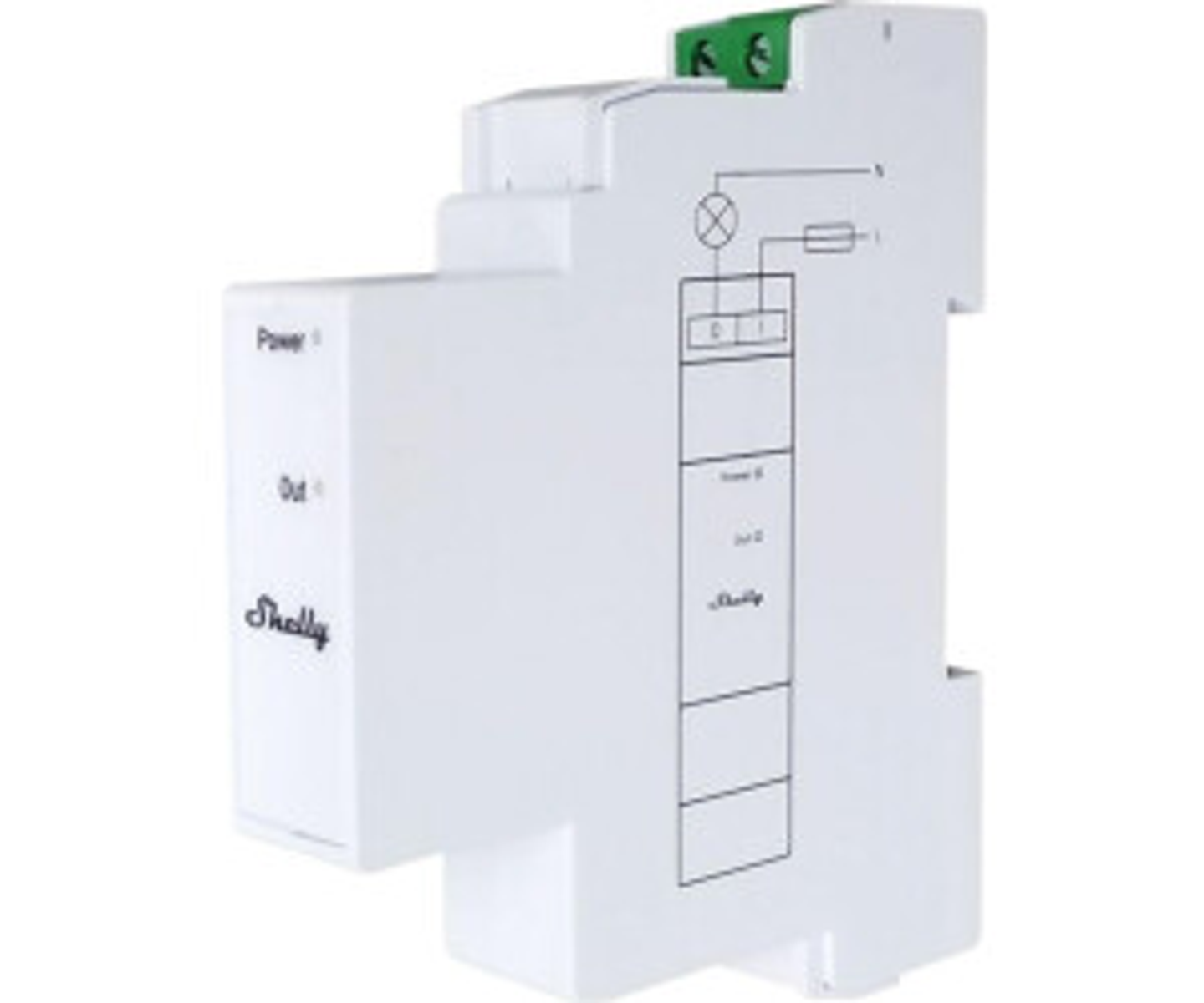 Białe urządzenie elektroniczne Shelly z zielonym złączem u góry i nadrukowanym schematem.