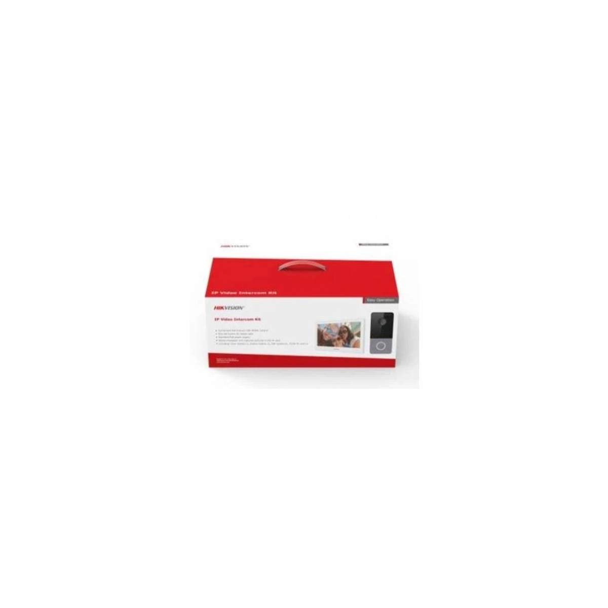 Beyaz arkaplanda Hikvision IP Görüntülü Diafon Kiti için beyaz ve kırmızı ürün kutusu.