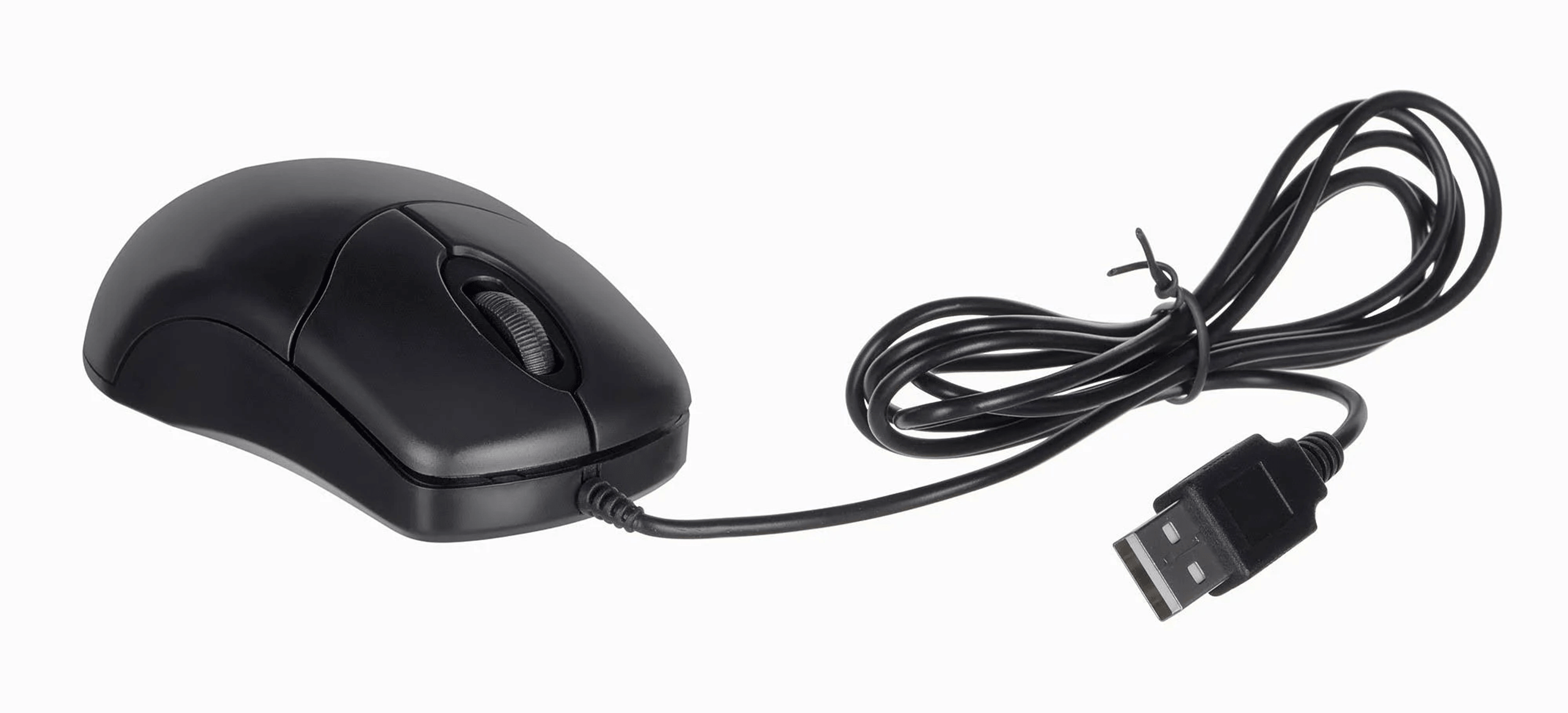 Schwarze Kabelmaus mit Scrollrad und USB-Anschluss auf weißem Grund.