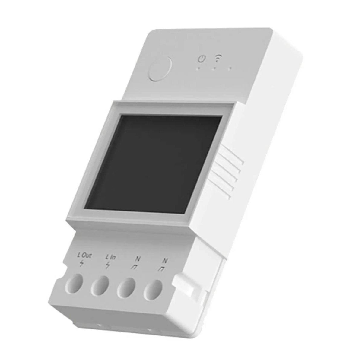 Białe urządzenie sterownika elektrycznego z ekranem i zaciskami śrubowymi na dole na białym tle.