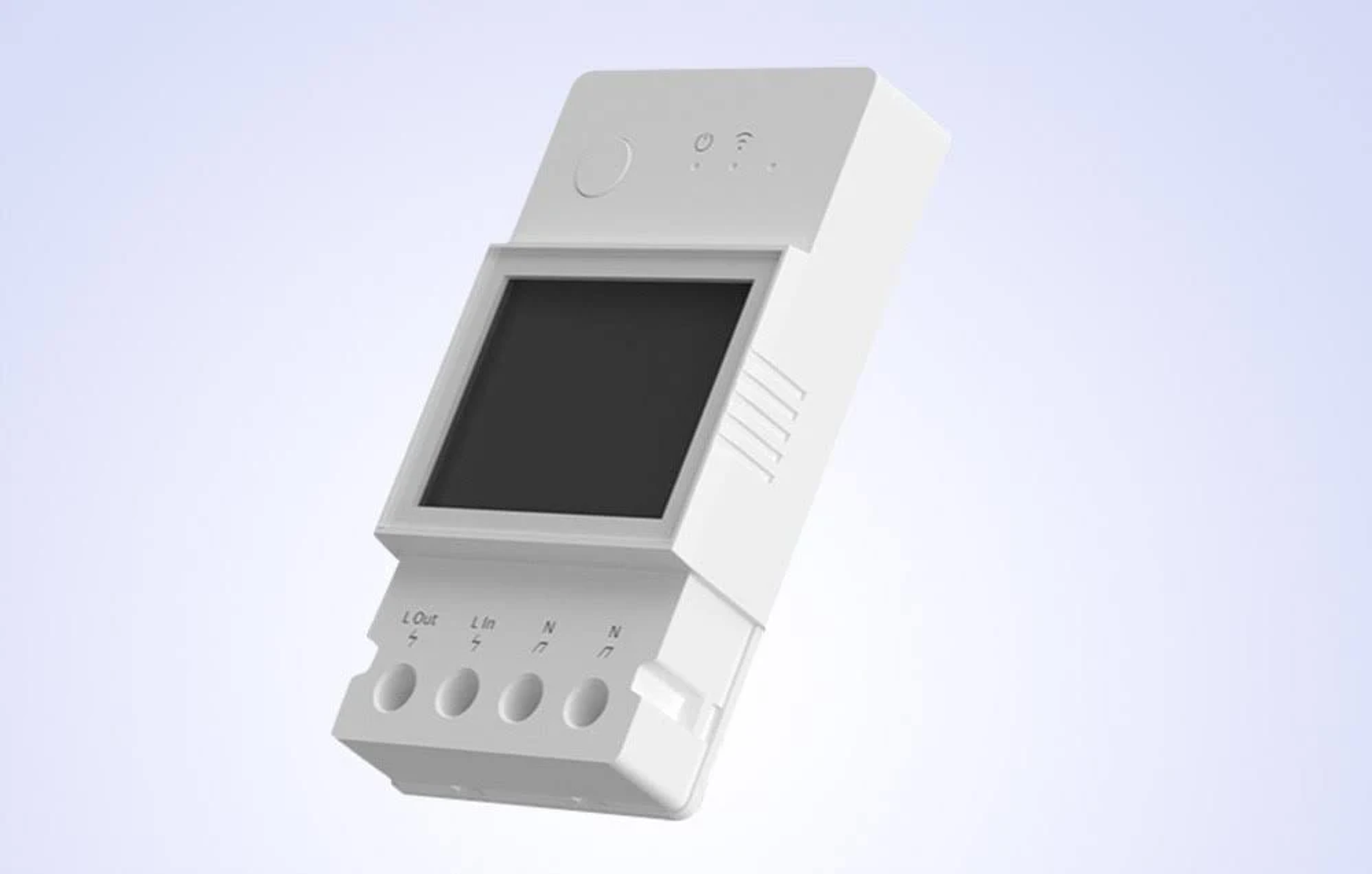 Białe elektryczne urządzenie pomiarowe z ekranem i czterema dolnymi zaciskami na jasnym tle.