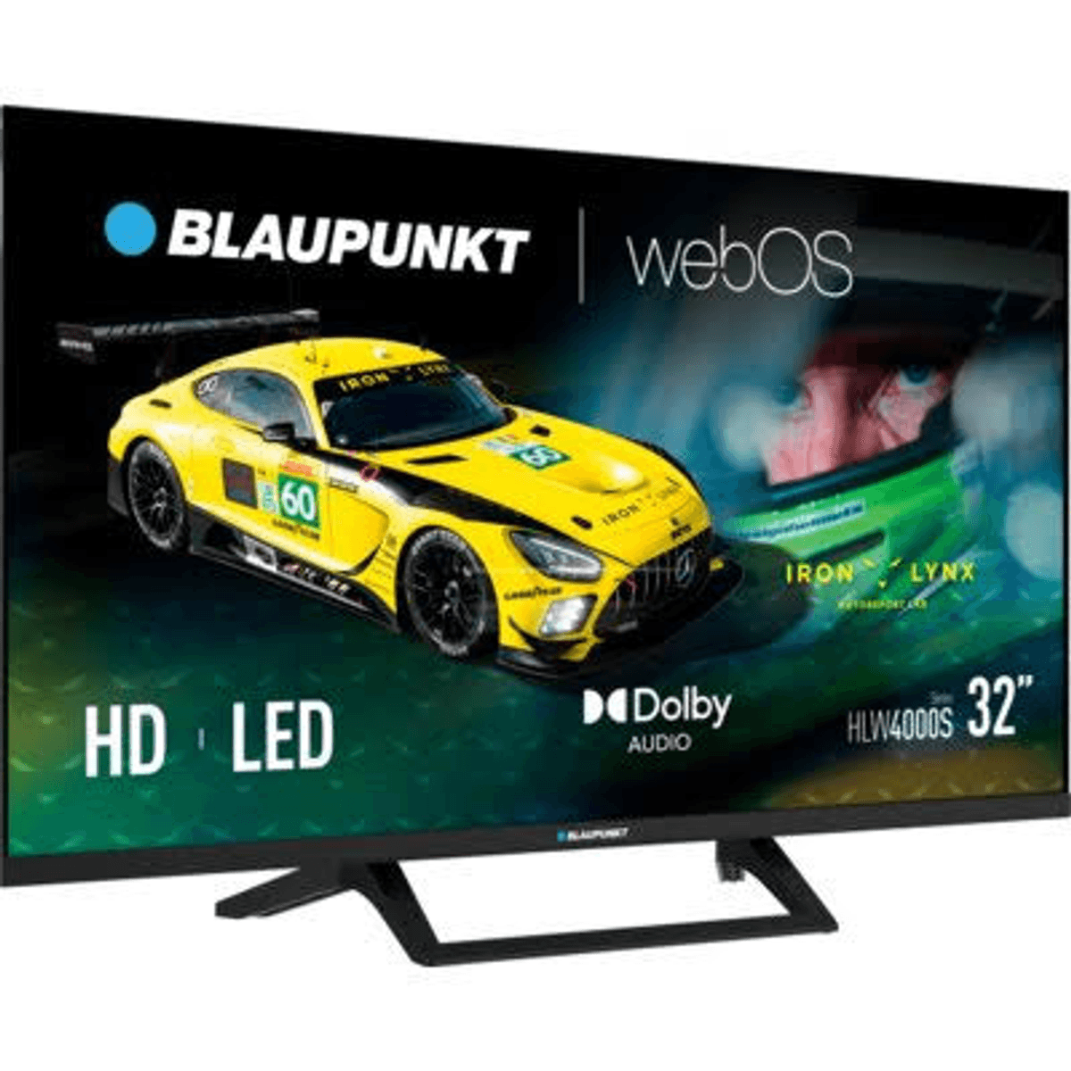 Televisor LED HD Blaupunkt de 32 pulgadas que muestra un coche de carreras amarillo.
