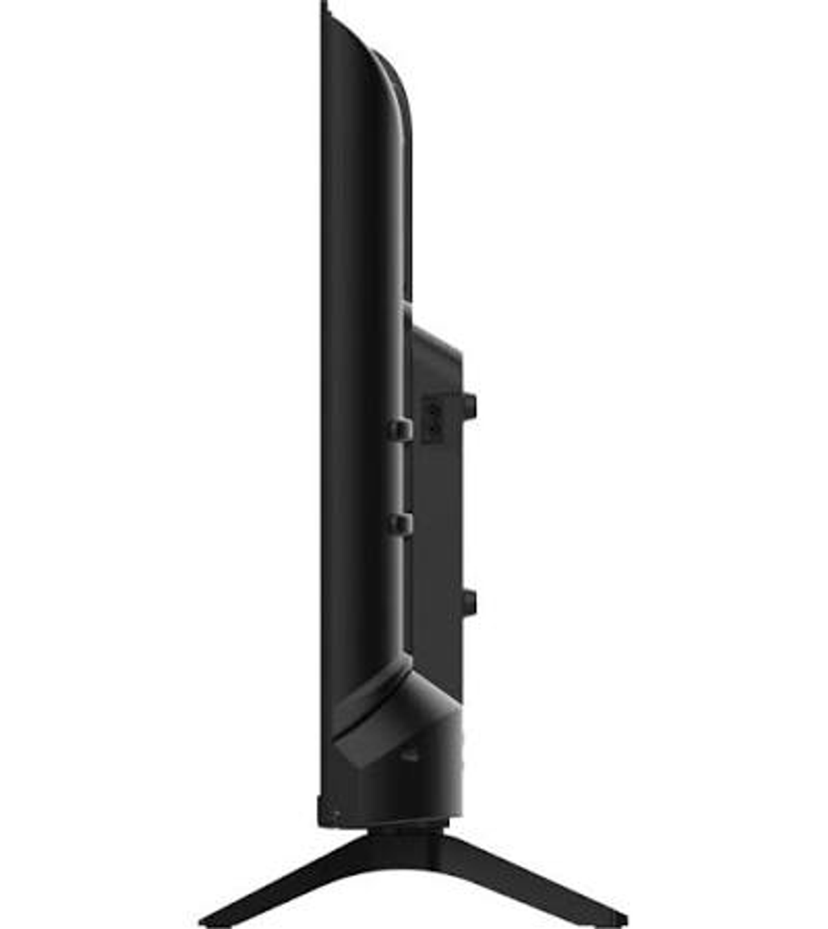 Vista lateral de un televisor plano negro sobre un soporte en V contra un fondo blanco.